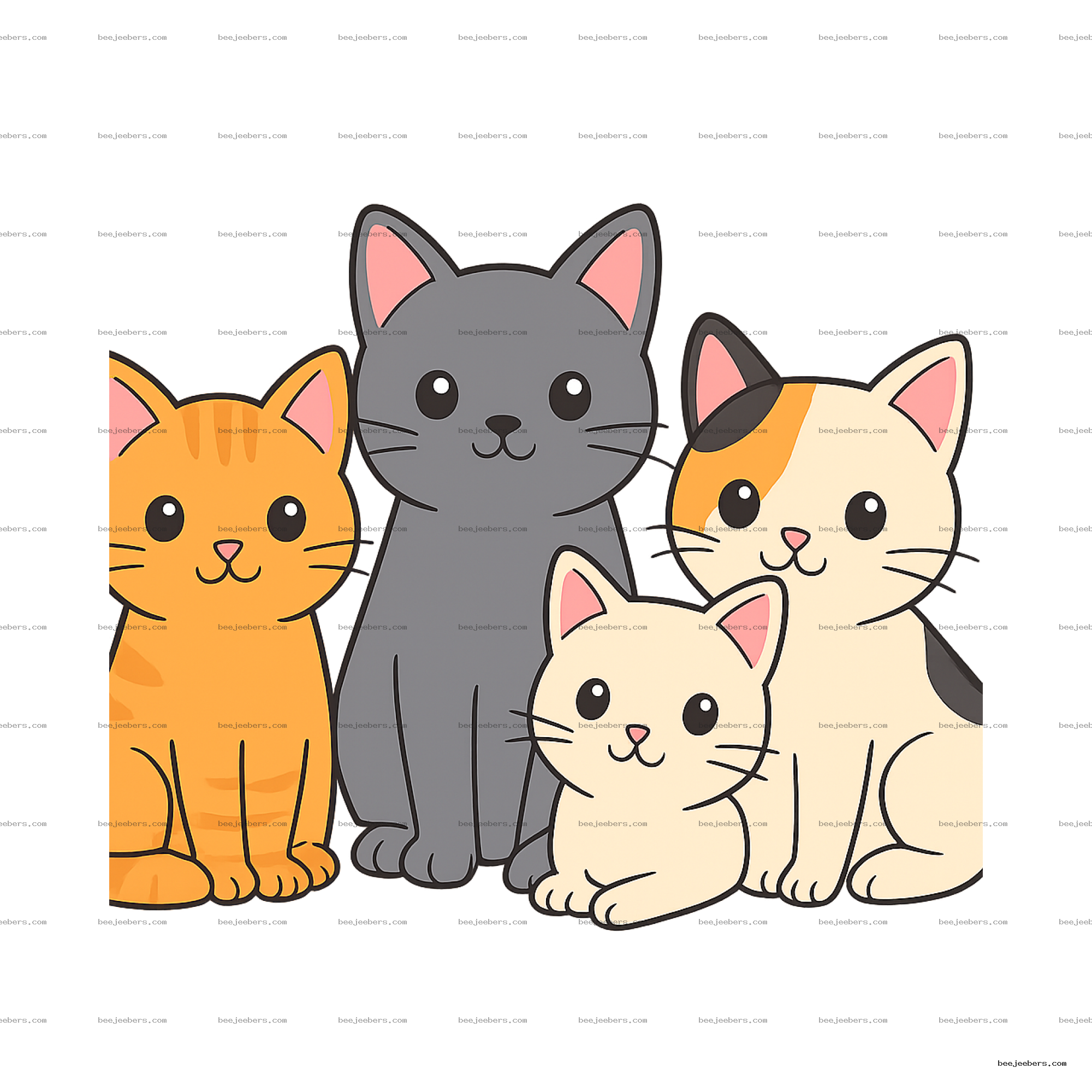 Five cute cartoon kitties in various colors with transparent background in clean vector style