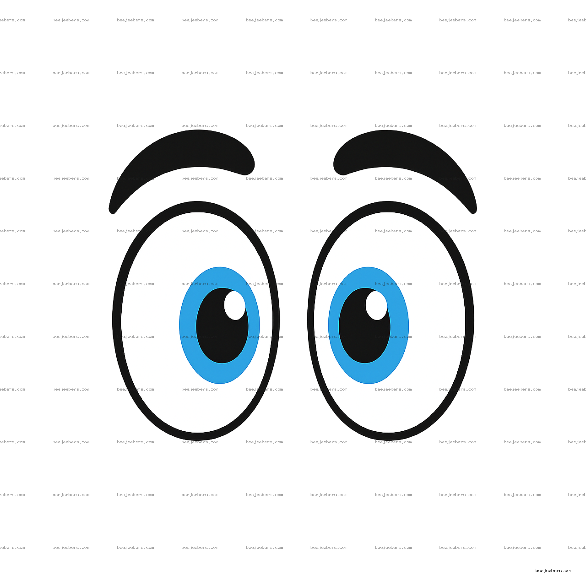Cartoon style blue eyes with black pupils and thick black eyebrows on transparent background