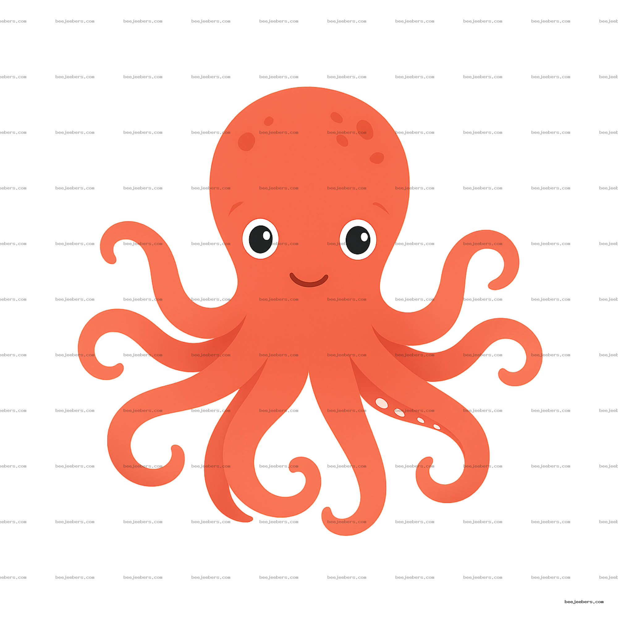 Cute orange cartoon octopus with big eyes and smiling face in clean vector style