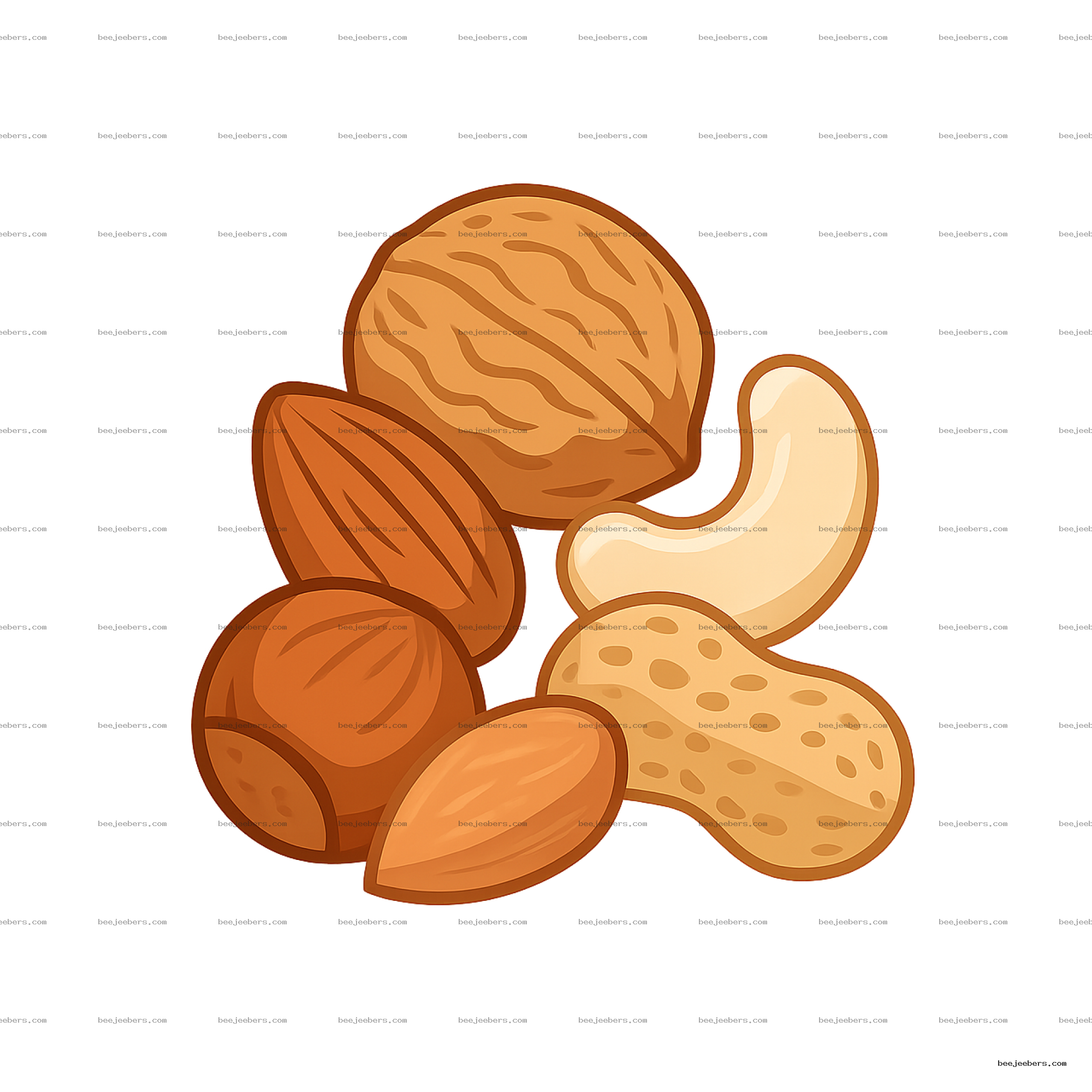 Vector illustration of assorted nuts including walnut, almond, cashew, and peanut in clean vector style