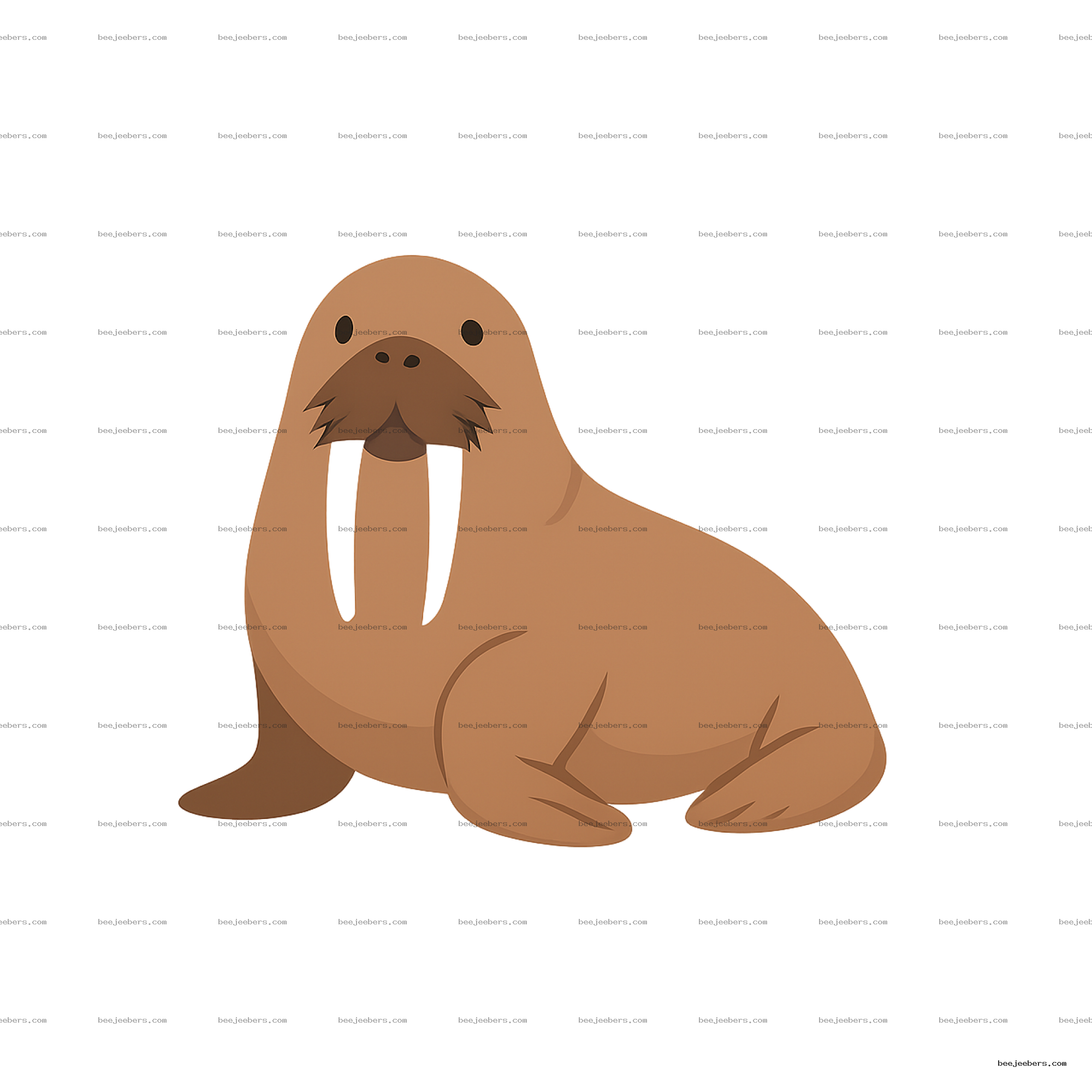 Simple clean vector illustration of a brown walrus with large tusks on transparent background