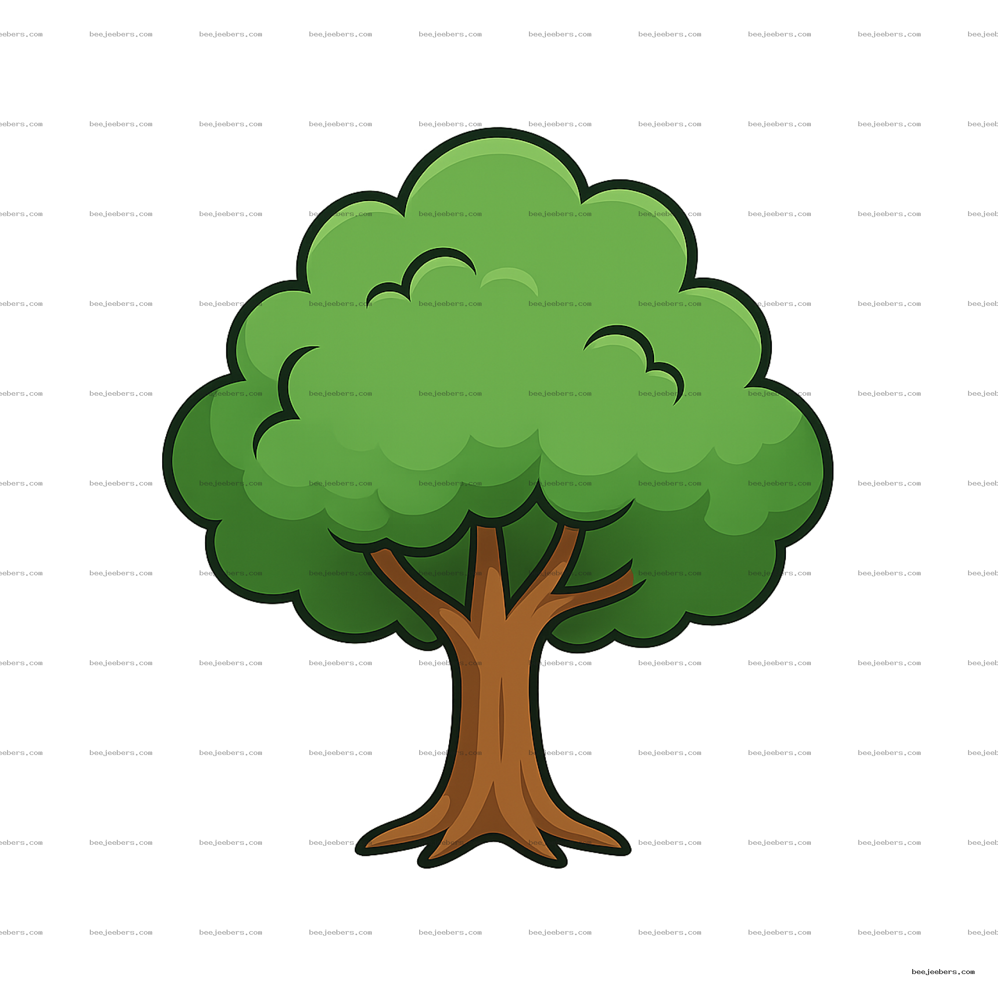 Cartoon tree with dense green rounded foliage and brown trunk in clean vector style