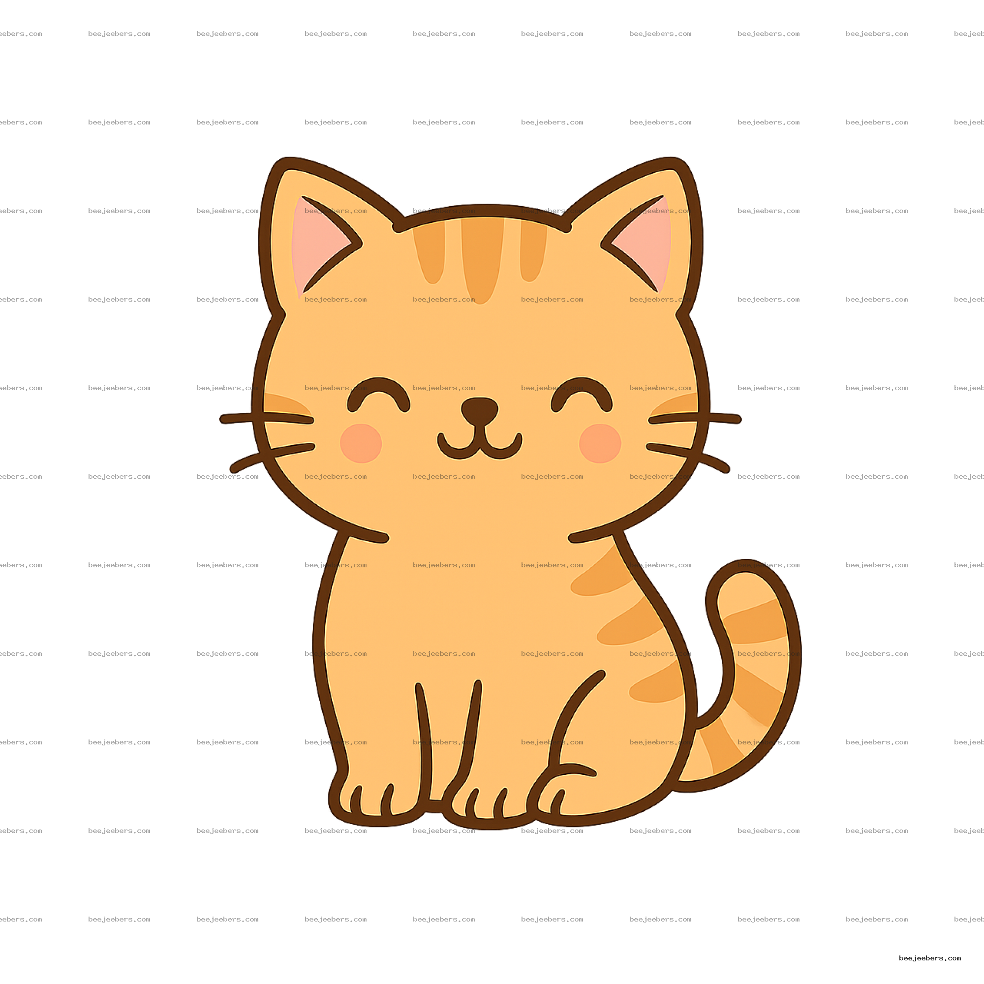 Cute orange tabby cat with smiling face and stripes in clean vector style on transparent background