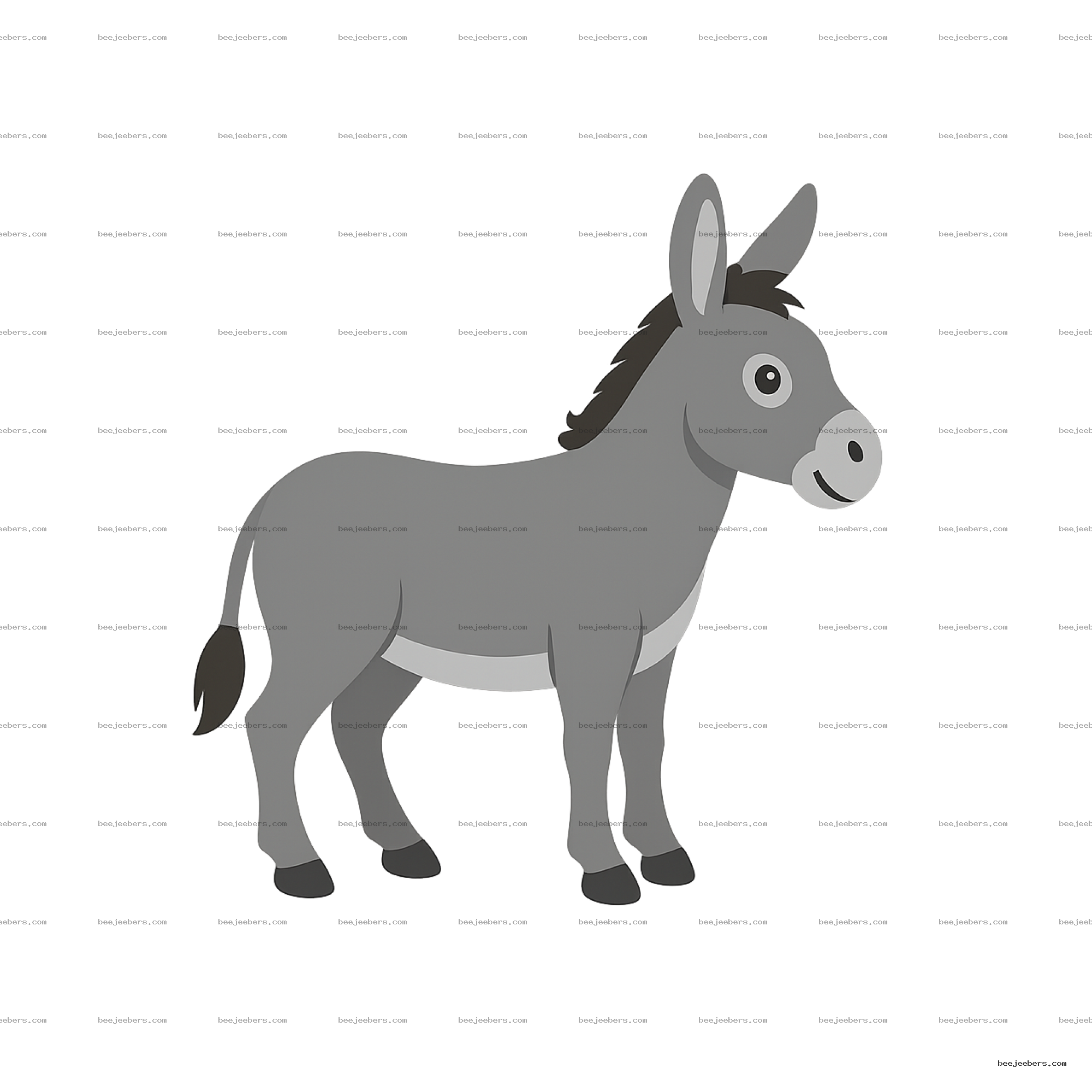 Clean vector illustration of a gray donkey with large ears and a happy face on transparent background
