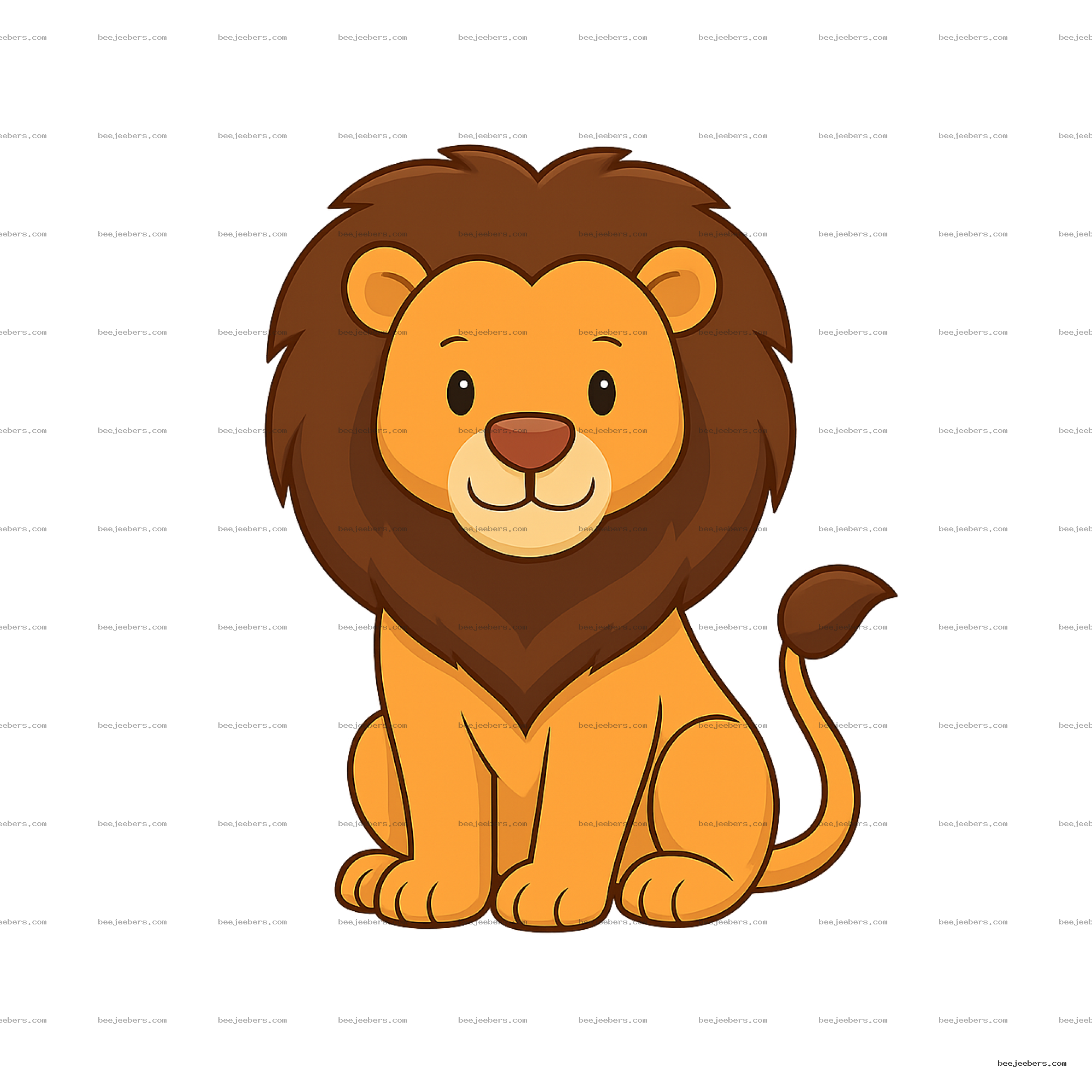 Cute cartoon lion with big mane and yellow face sitting facing forward in vector style