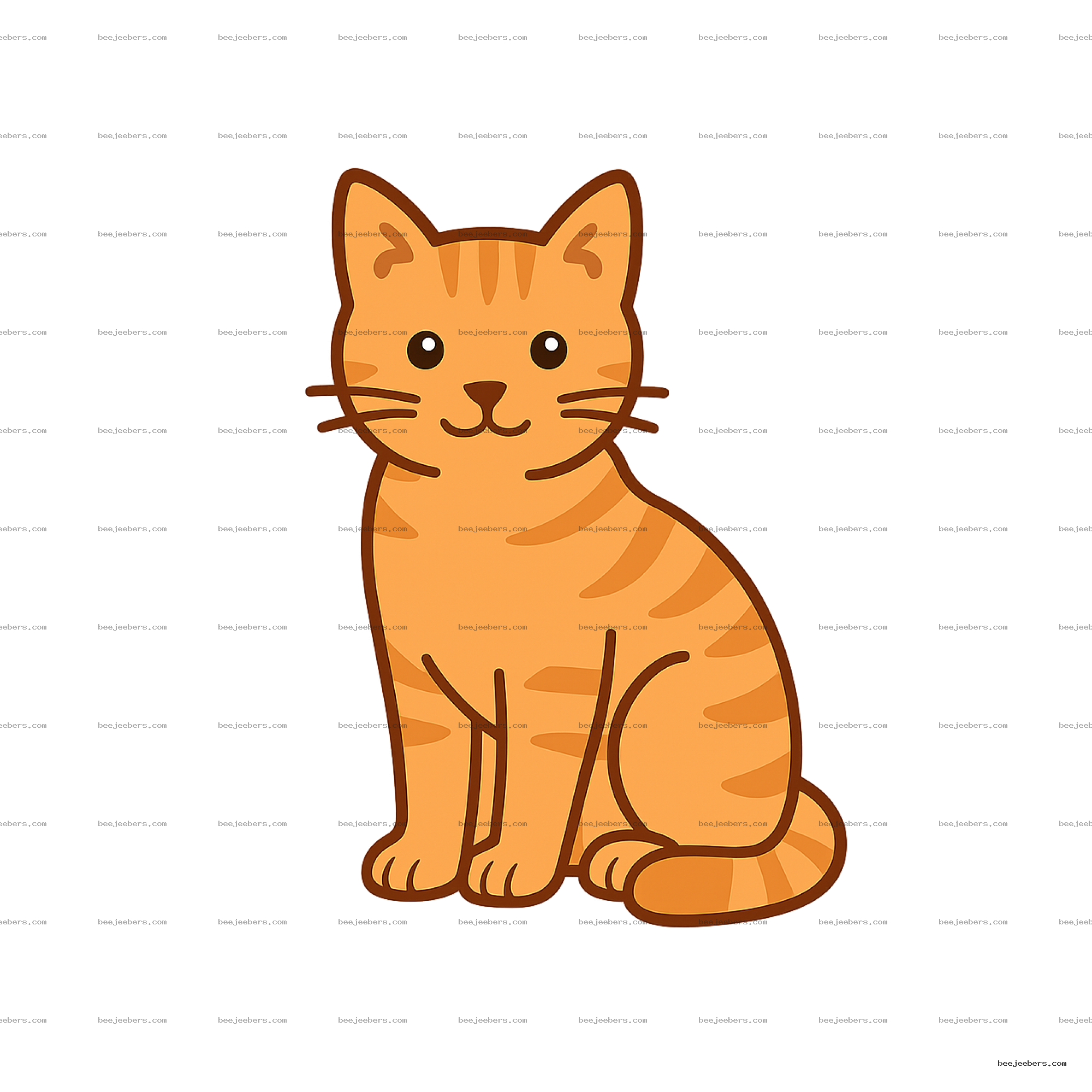 Cute orange tabby cat cartoon clipart with transparent background sitting and smiling
