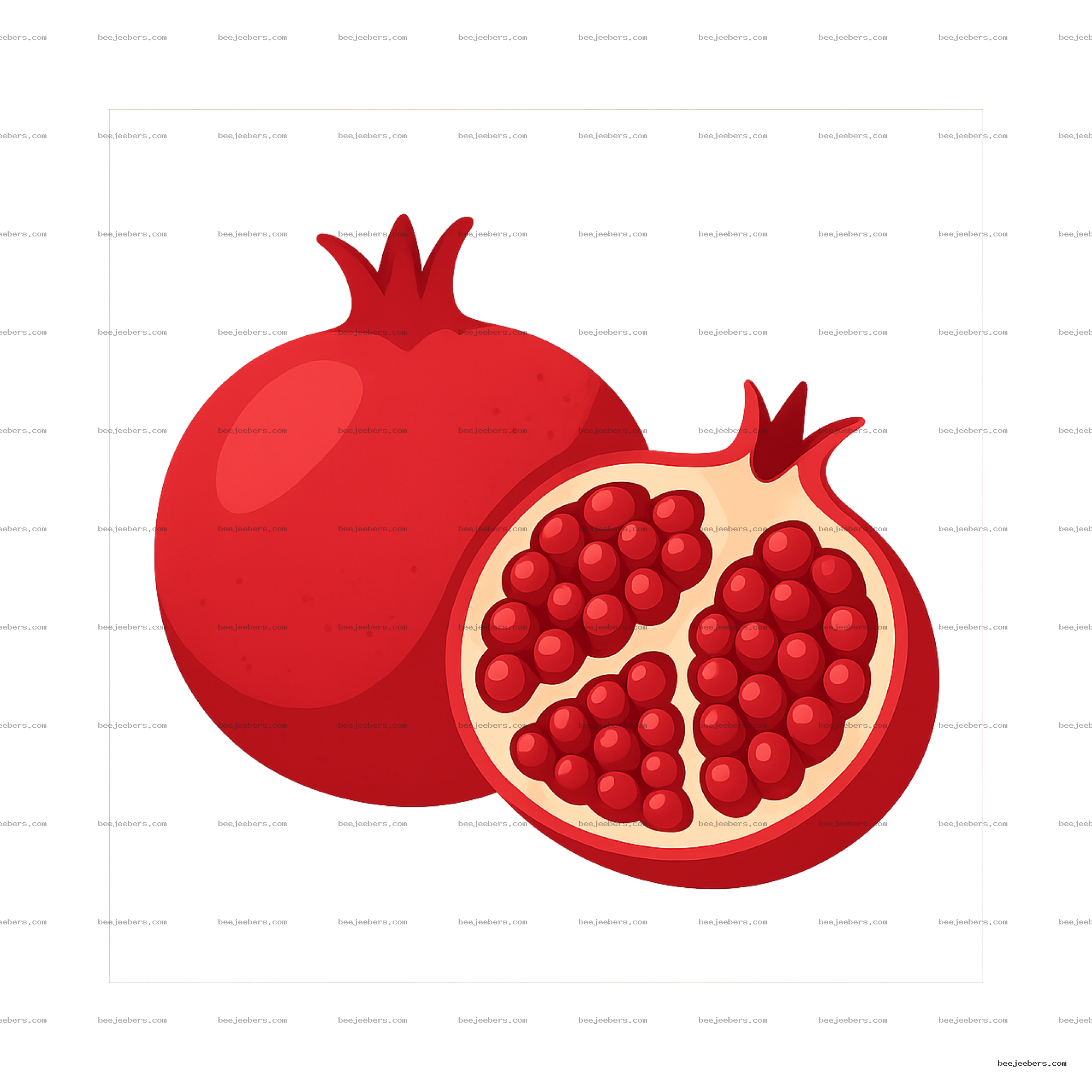 Vector clipart of a whole and halved pomegranate showing red seeds on a transparent background