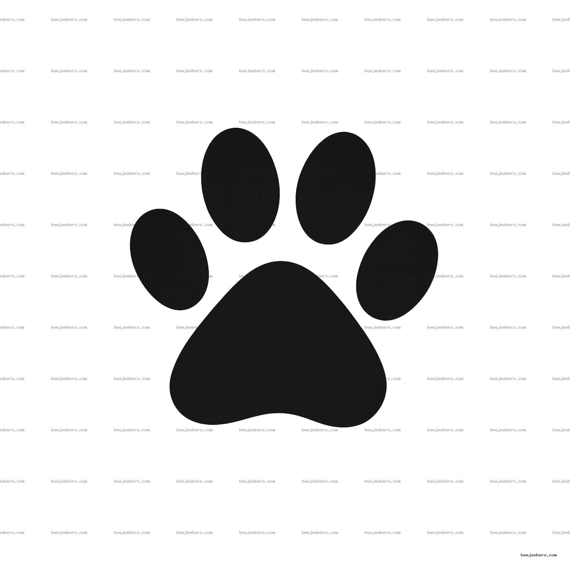 Black dog paw print with four toes and a rounded pad on transparent background