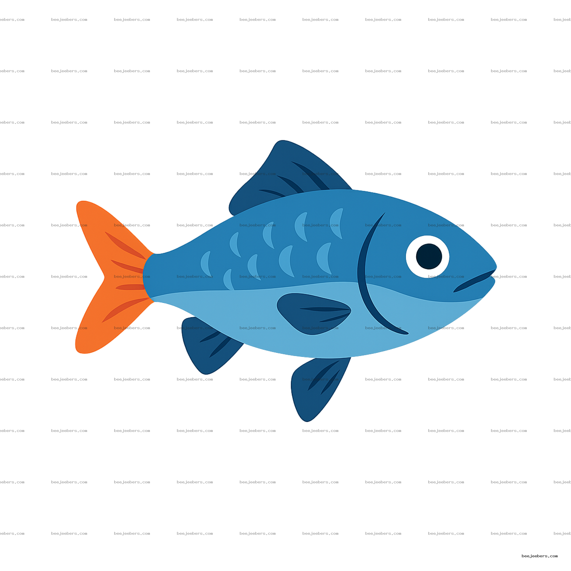 Clean vector illustration of a blue fish with orange fins in side profile on transparent background