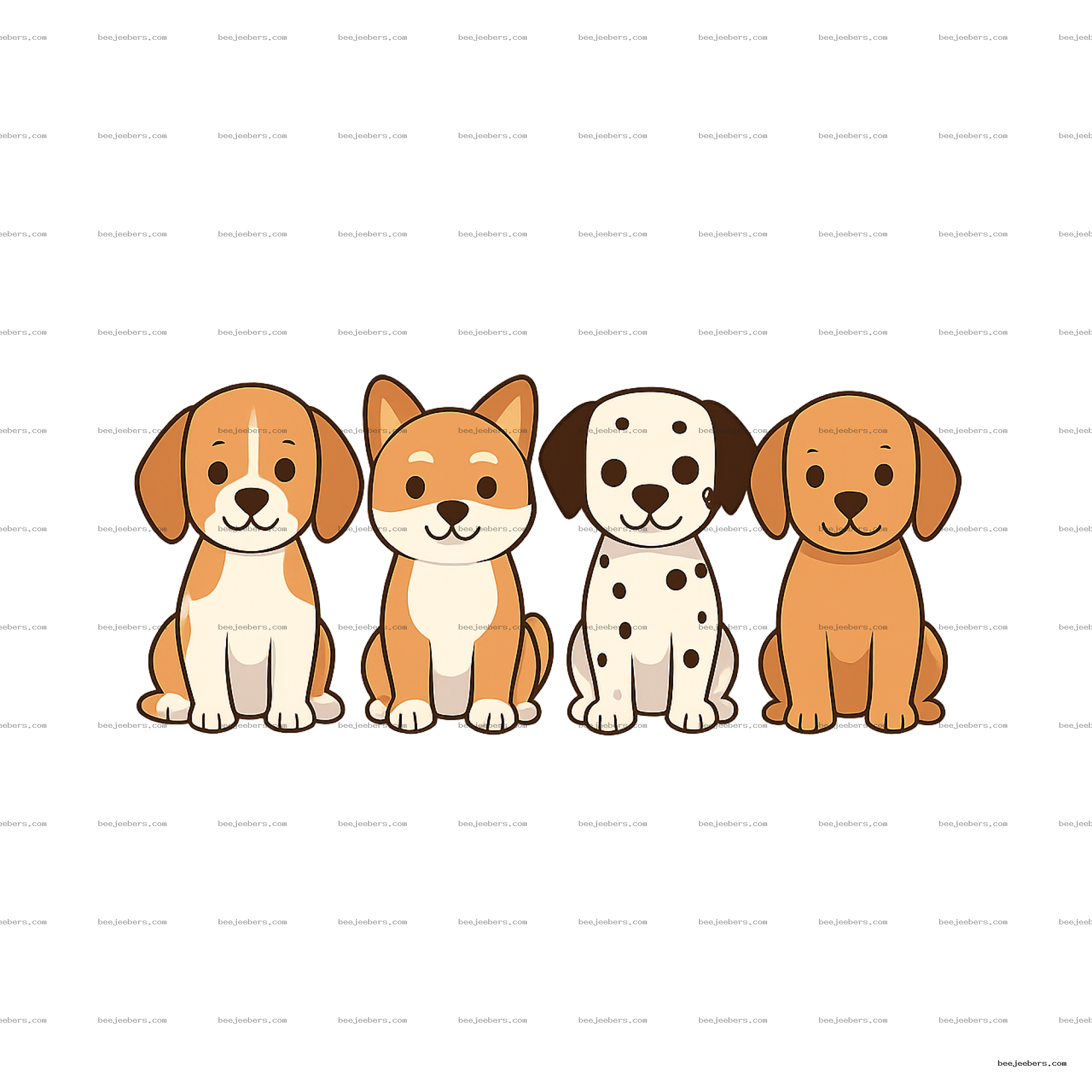 Clean vector illustration of four cute cartoon puppies sitting side by side on transparent background