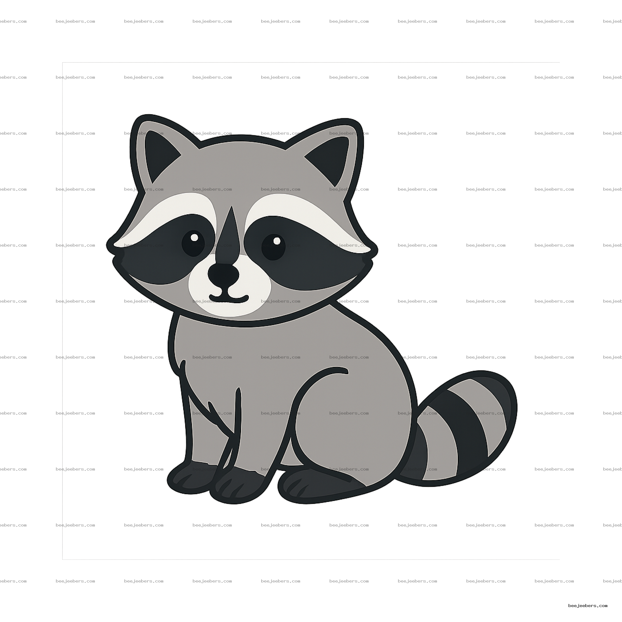 Vector illustration of a cute, simple raccoon sitting facing front with grey and black markings