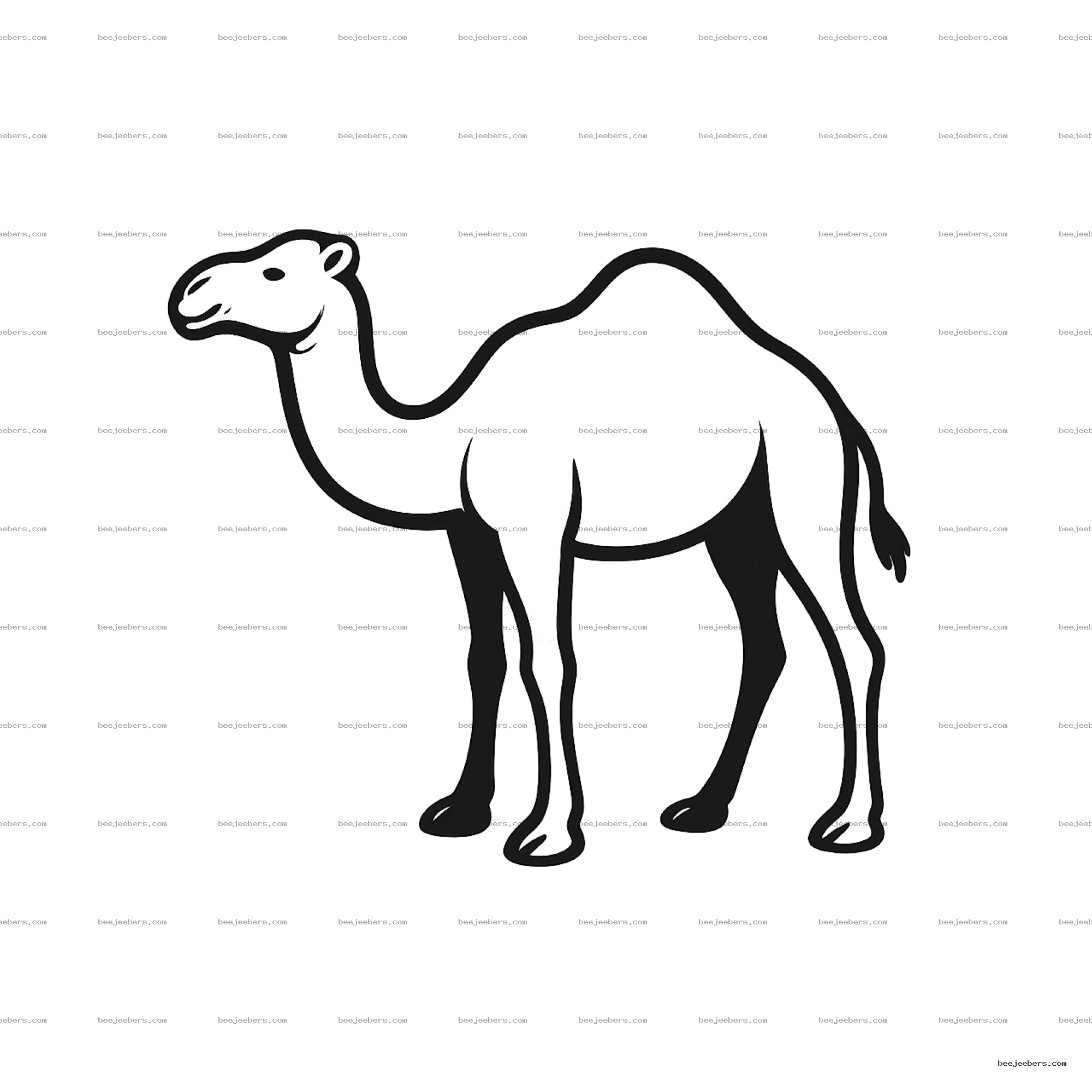 Black and white clean vector clipart of a side-view camel with one hump on transparent background