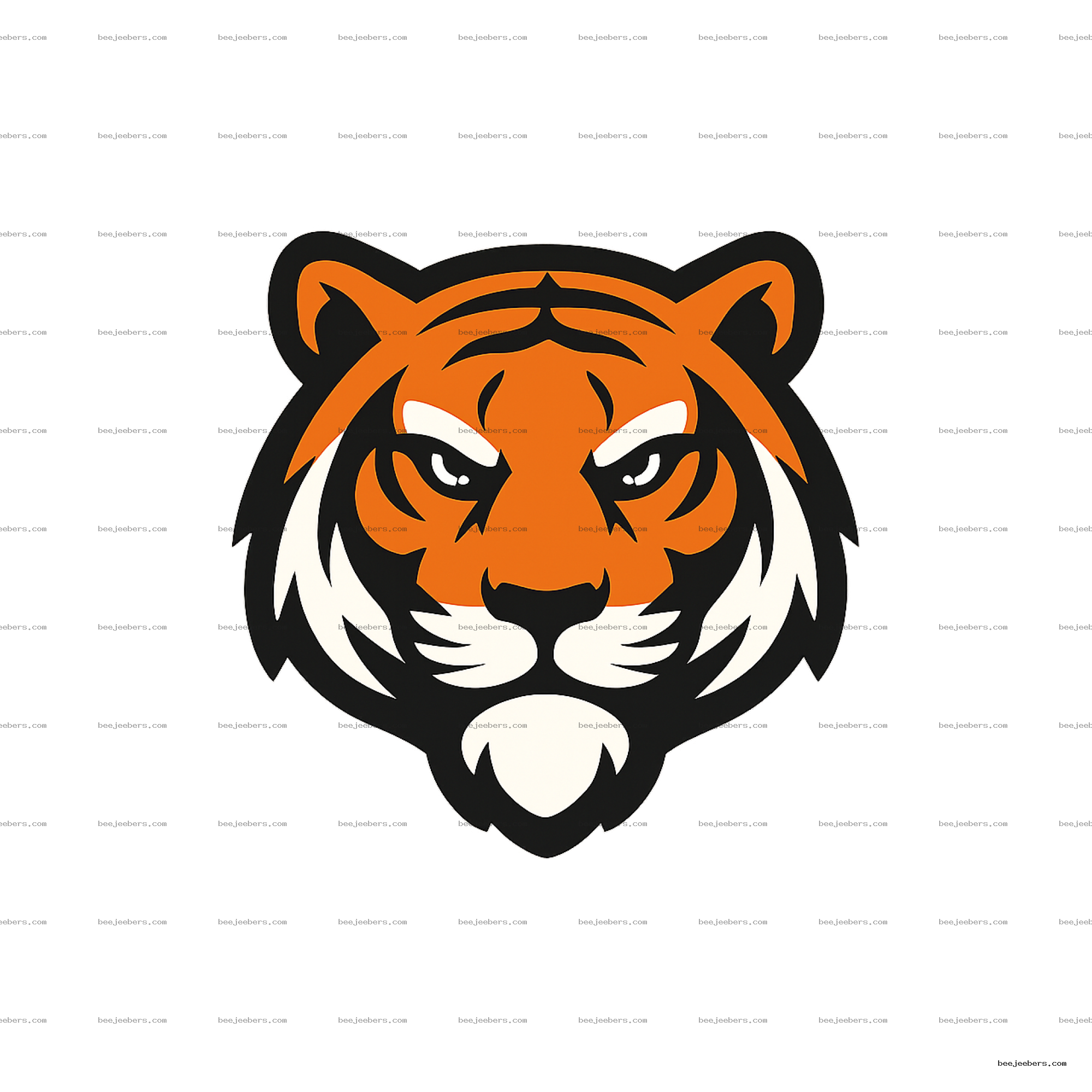 Front-facing stylized tiger head logo in orange, black, and white on transparent background