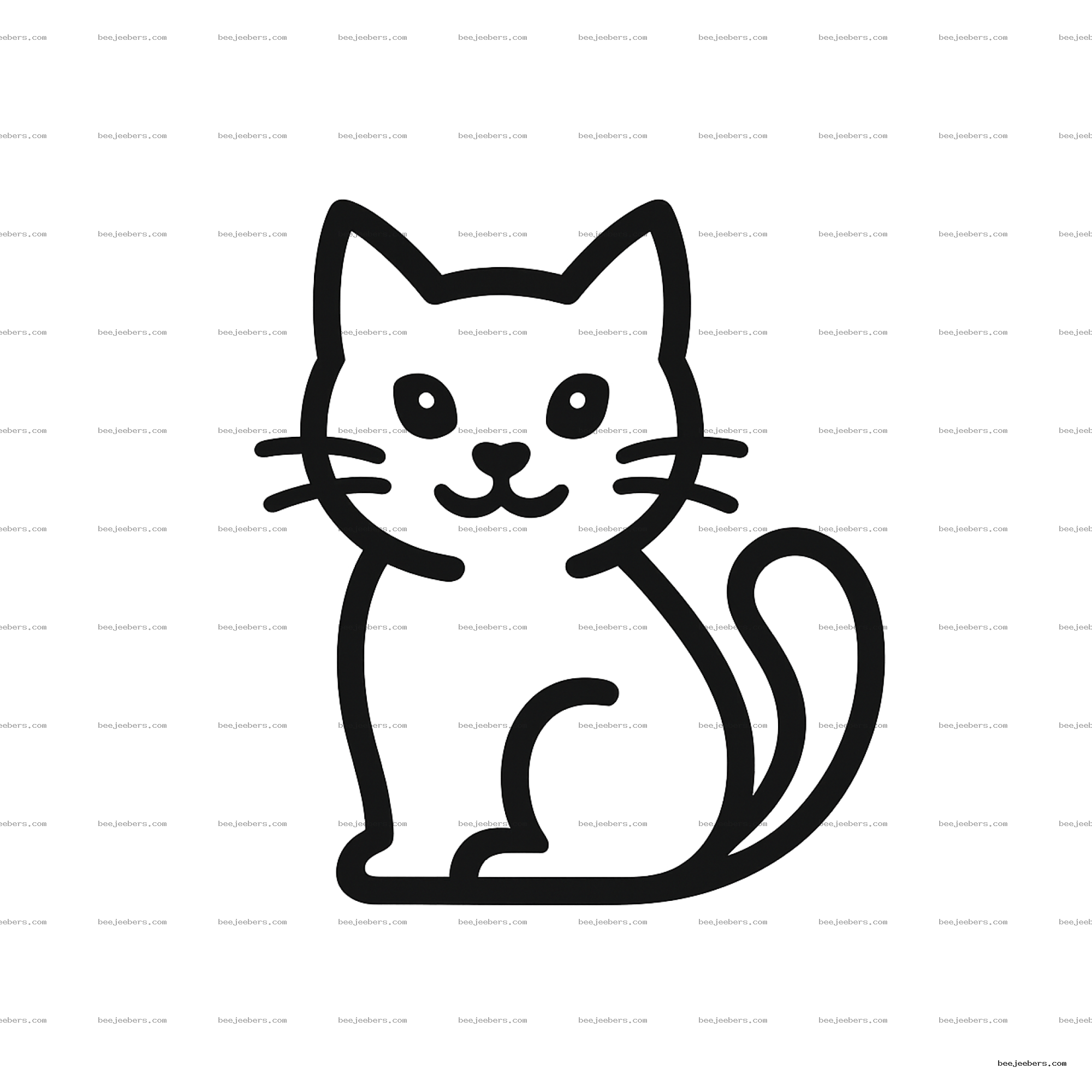 Minimalist black line art of a sitting cat with whiskers on a transparent background