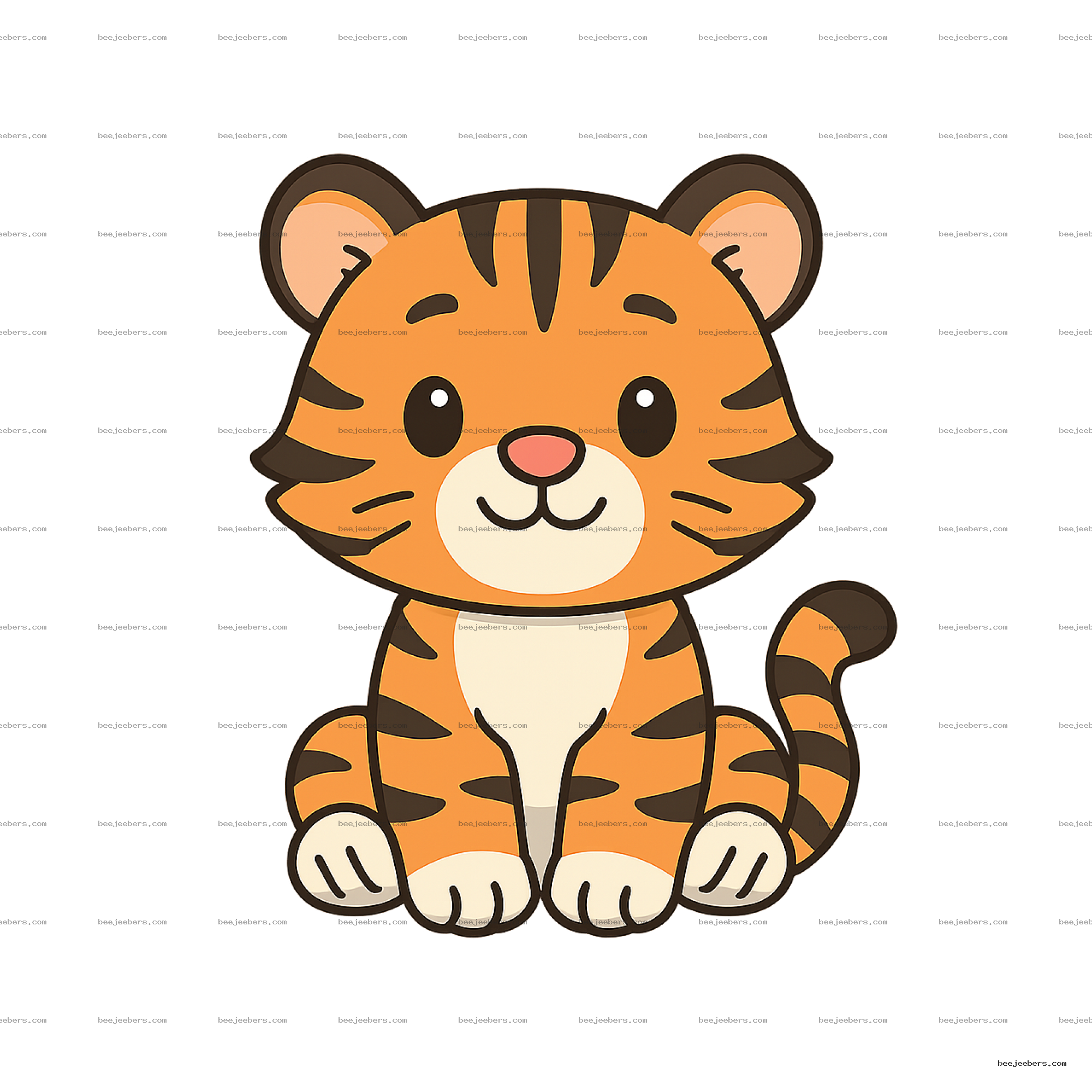 Cute cartoon tiger cub clipart with orange fur, black stripes, and a happy expression on transparent background