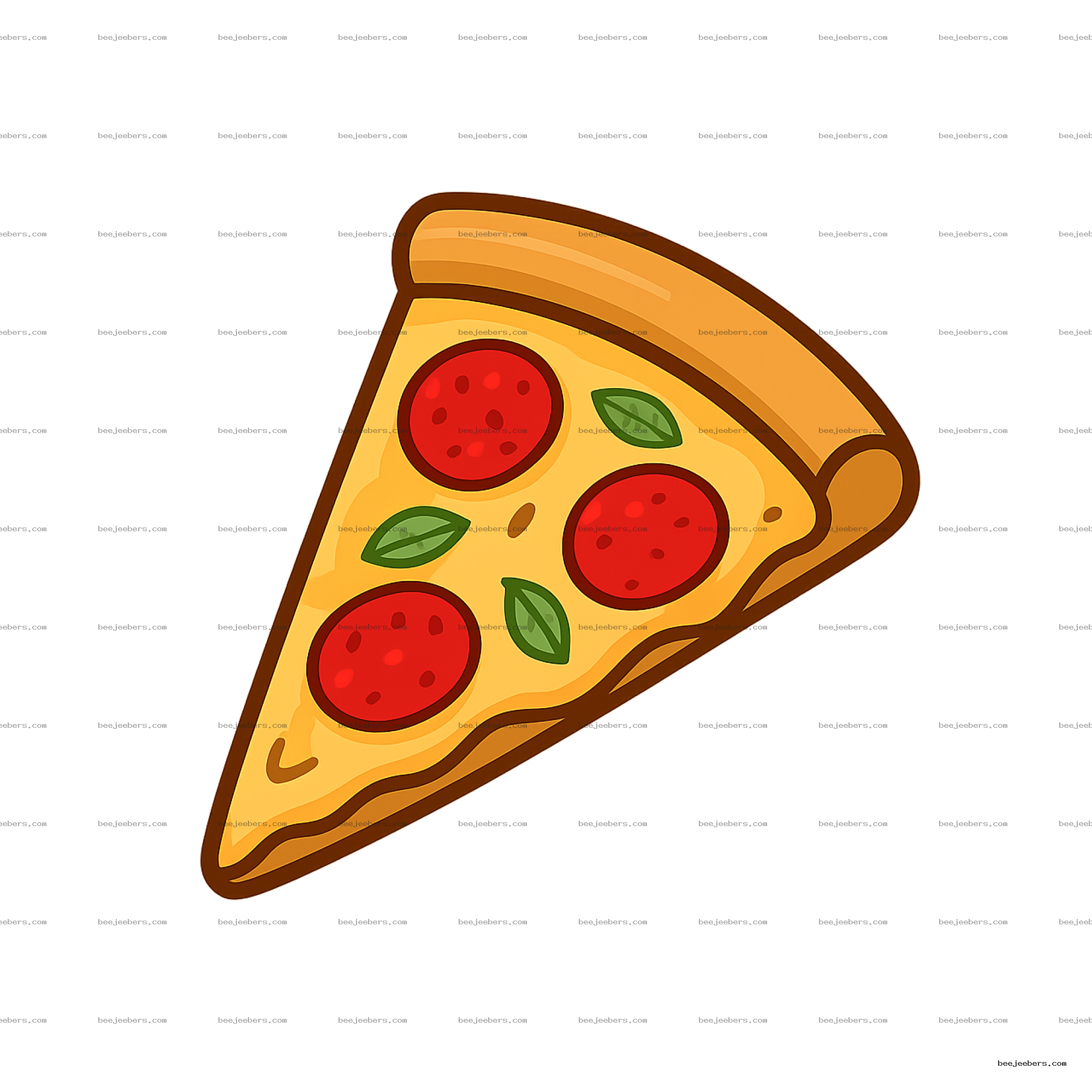 Clean vector slice of pepperoni pizza with basil leaves on transparent background