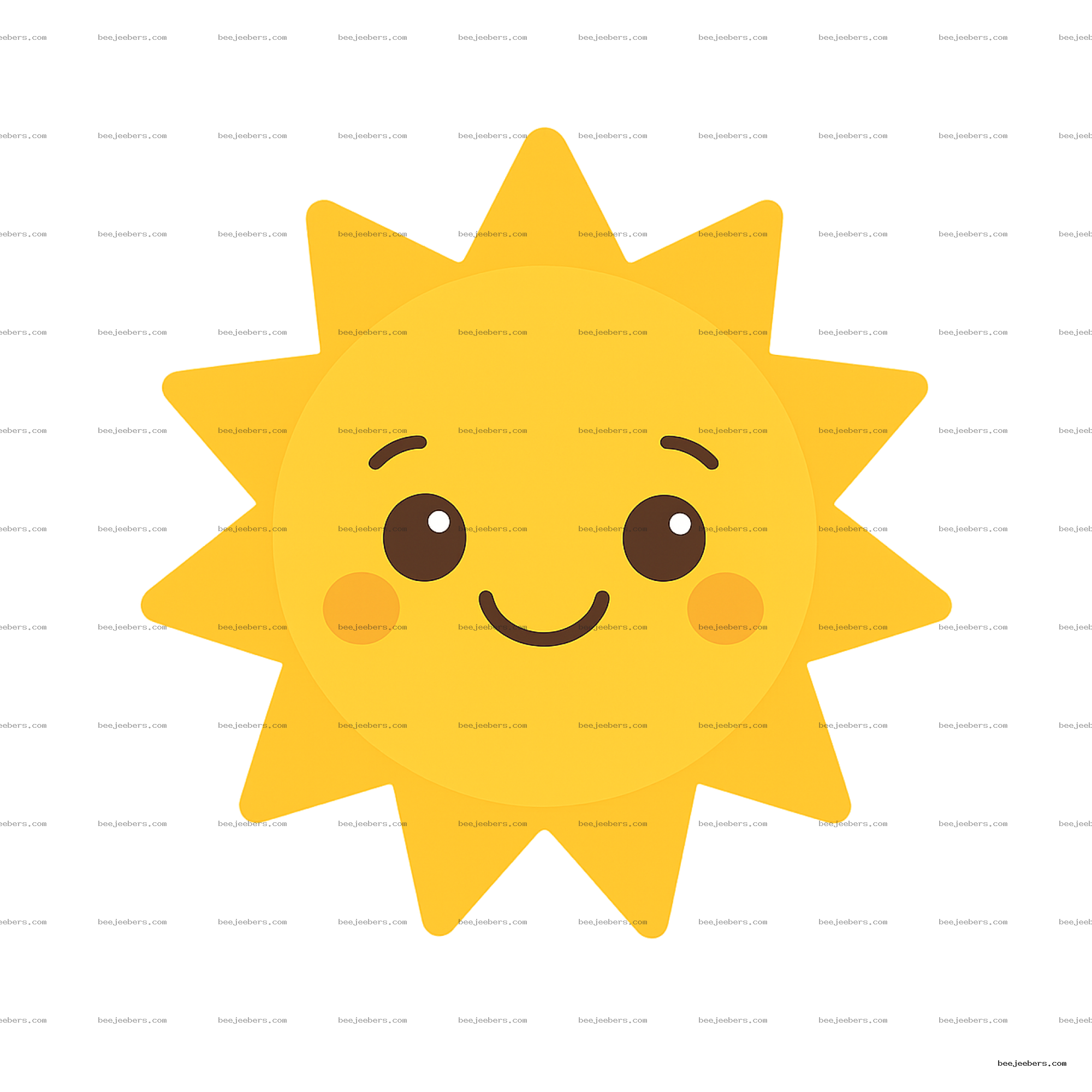 Bright yellow smiling sun clipart with rosy cheeks and a friendly face on transparent background