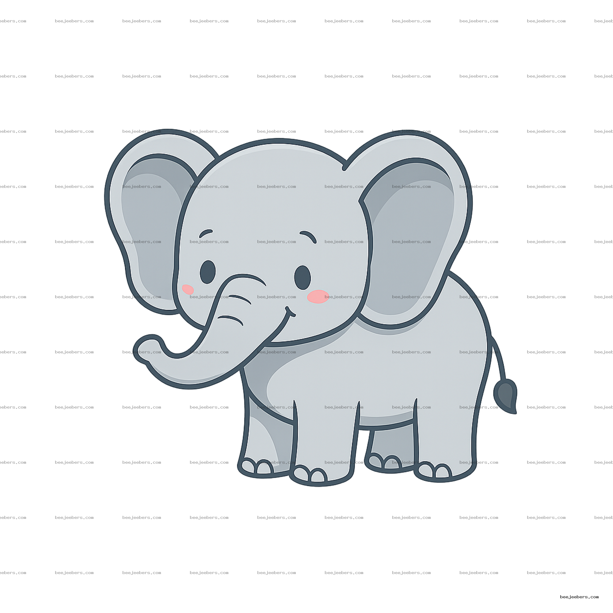 Cute cartoon baby elephant with pink cheeks and large ears on transparent background