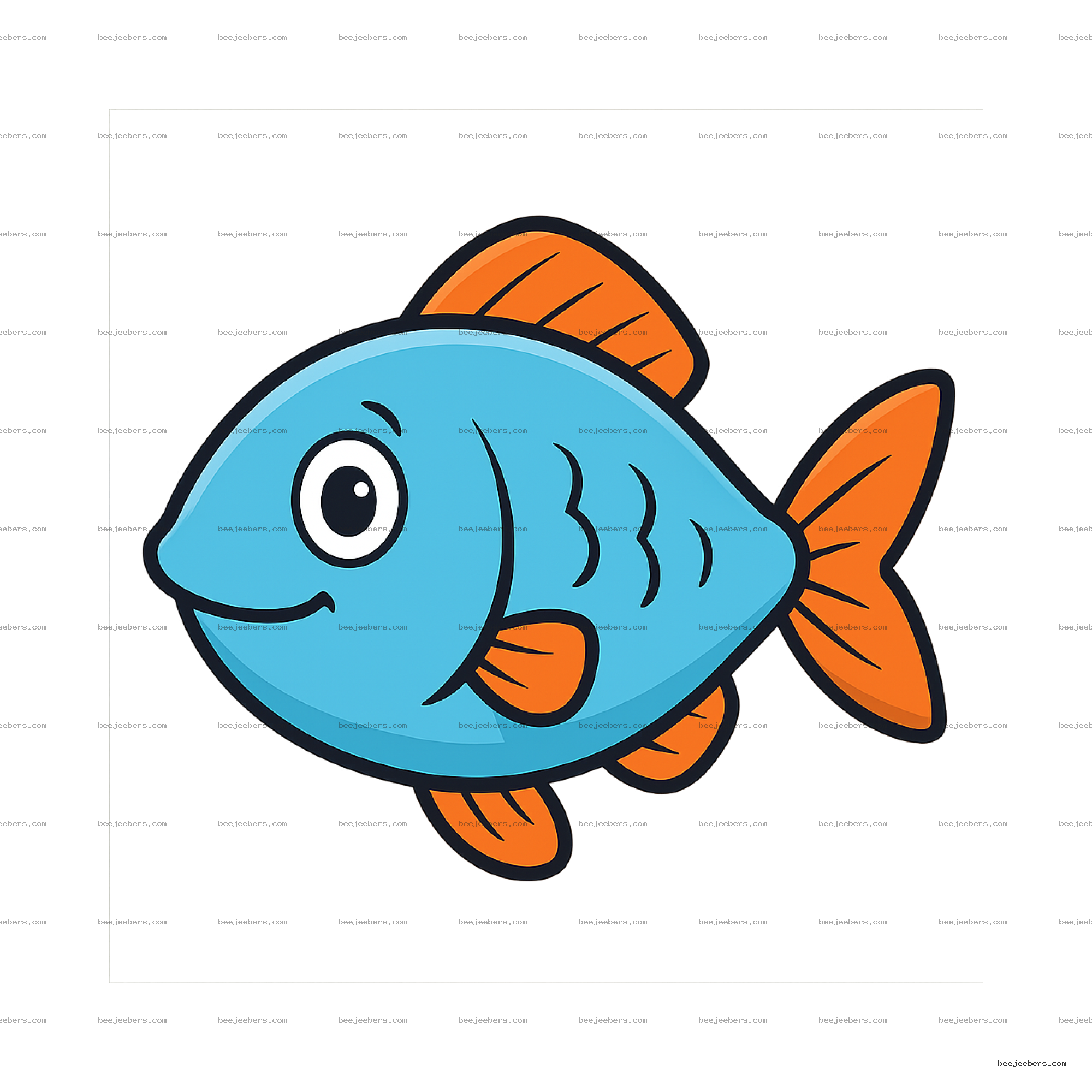 Cute blue cartoon fish with orange fins and transparent background digital PNG clipart