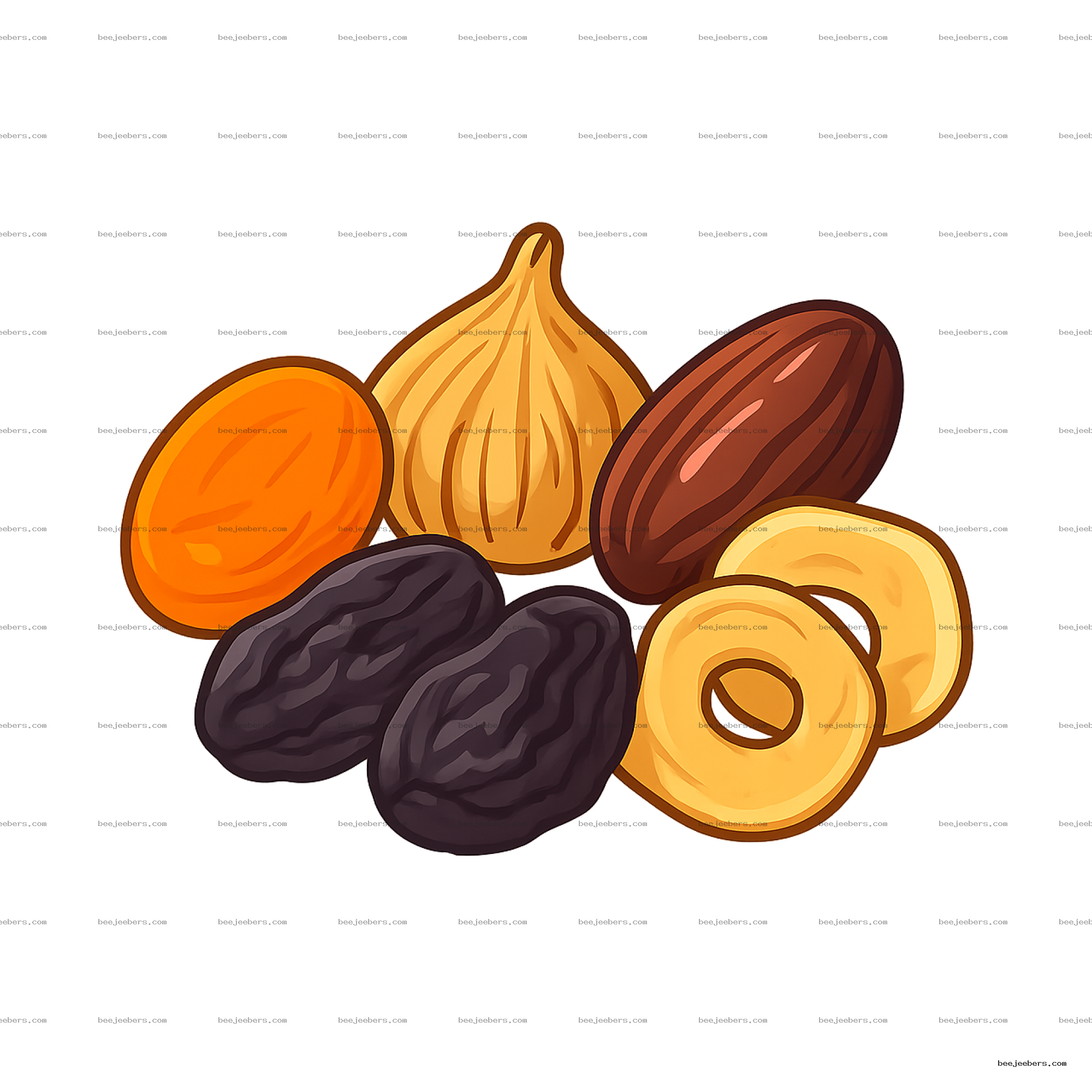 Clean vector illustration of assorted dried fruits including apricot, fig, prune, date and dried apple rings on transparent background