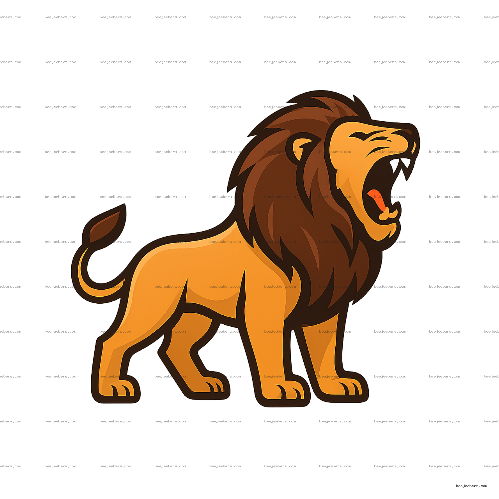 Clean vector roaring lion illustration with dark mane and open mouth in transparent PNG