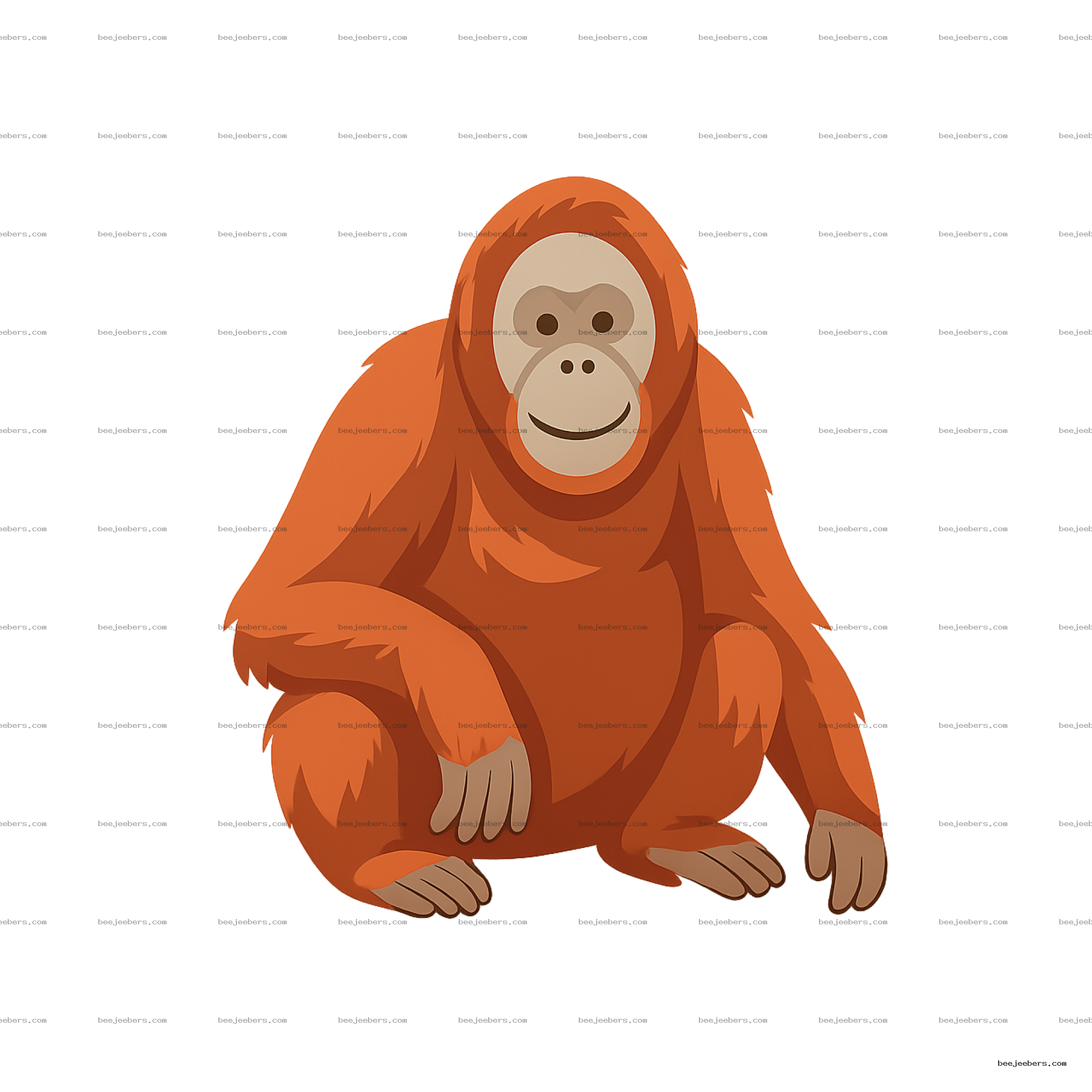 Clean vector illustration of a smiling sitting orangutan with orange fur on a transparent background