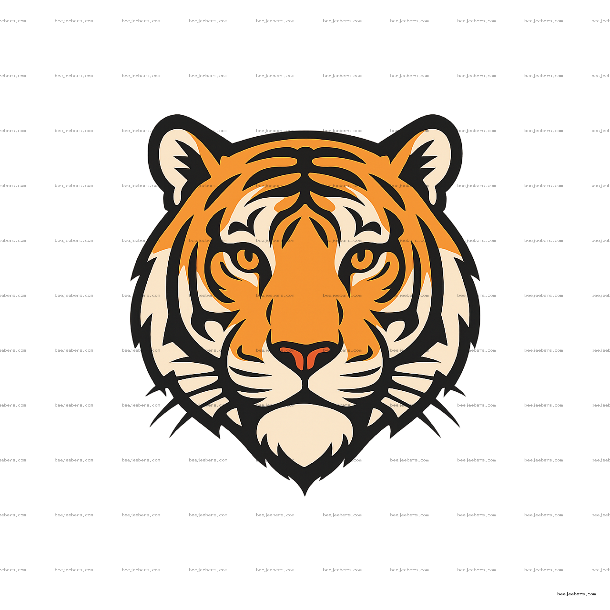 Vector illustration of a tiger face with orange, black, and cream colors on transparent background