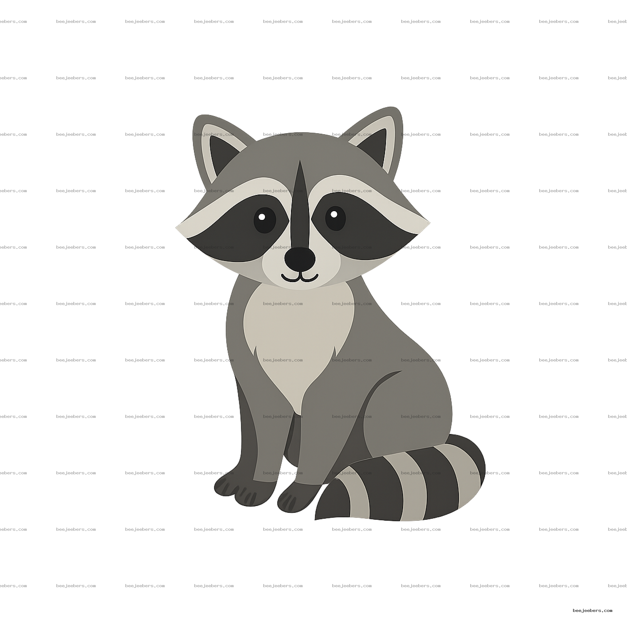 Clean vector illustration of a cute stylized raccoon sitting with striped tail and black face markings