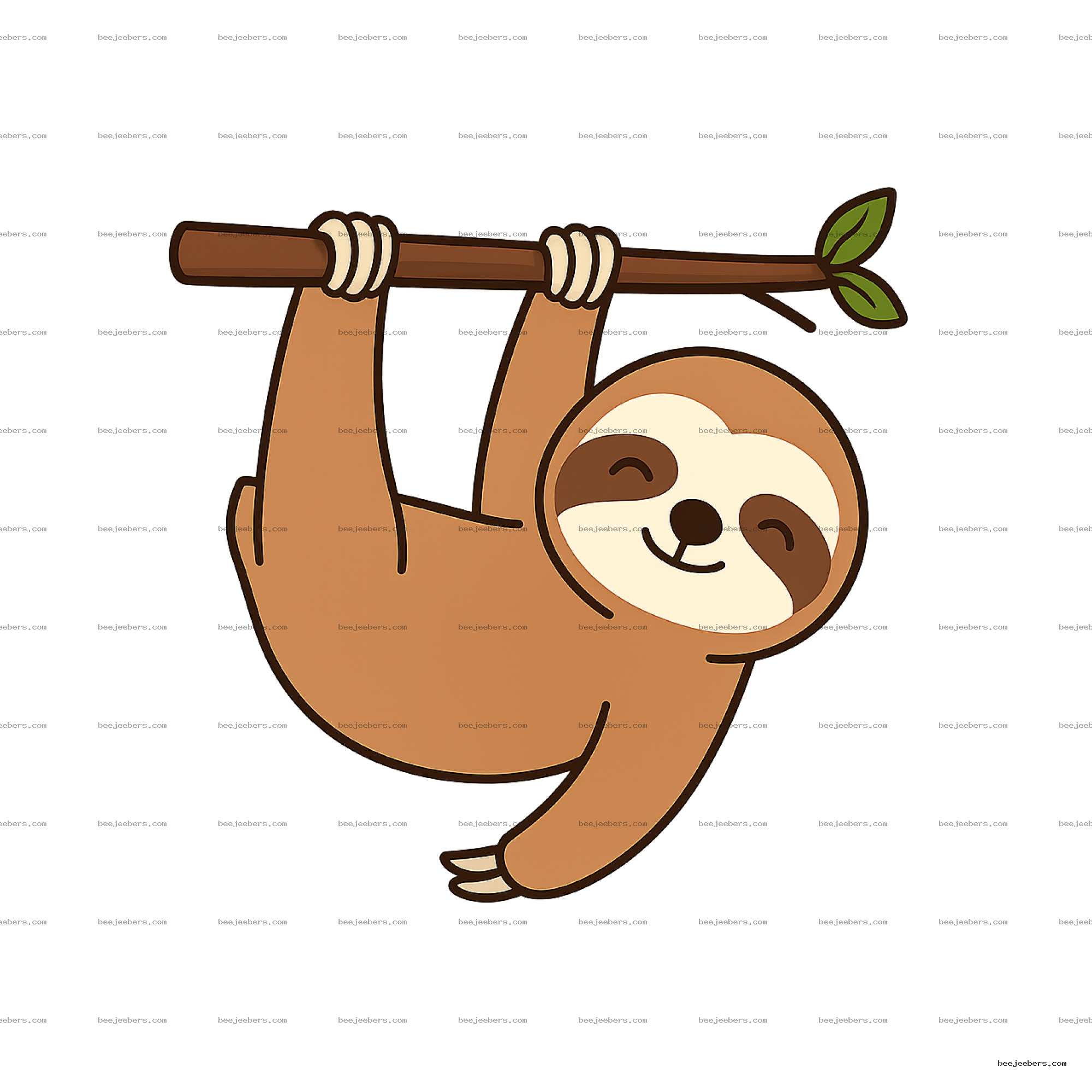 Cute cartoon sloth hanging upside down from a tree branch with green leaves on transparent background