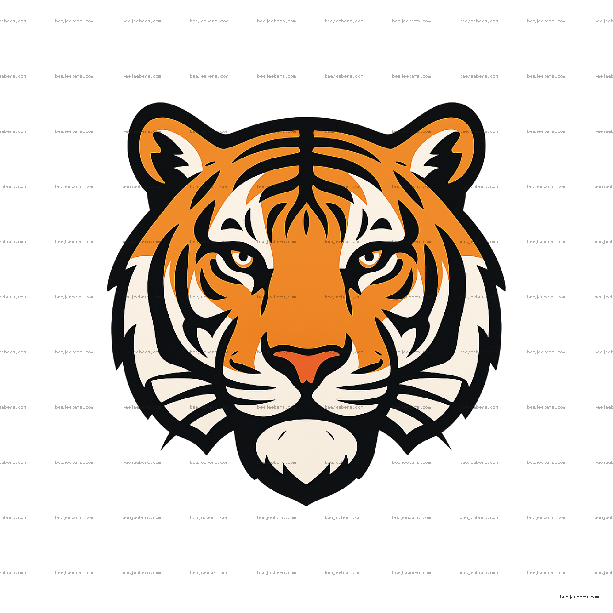 Clean vector illustration of a tiger face with bold orange, black, and white stripes on transparent background