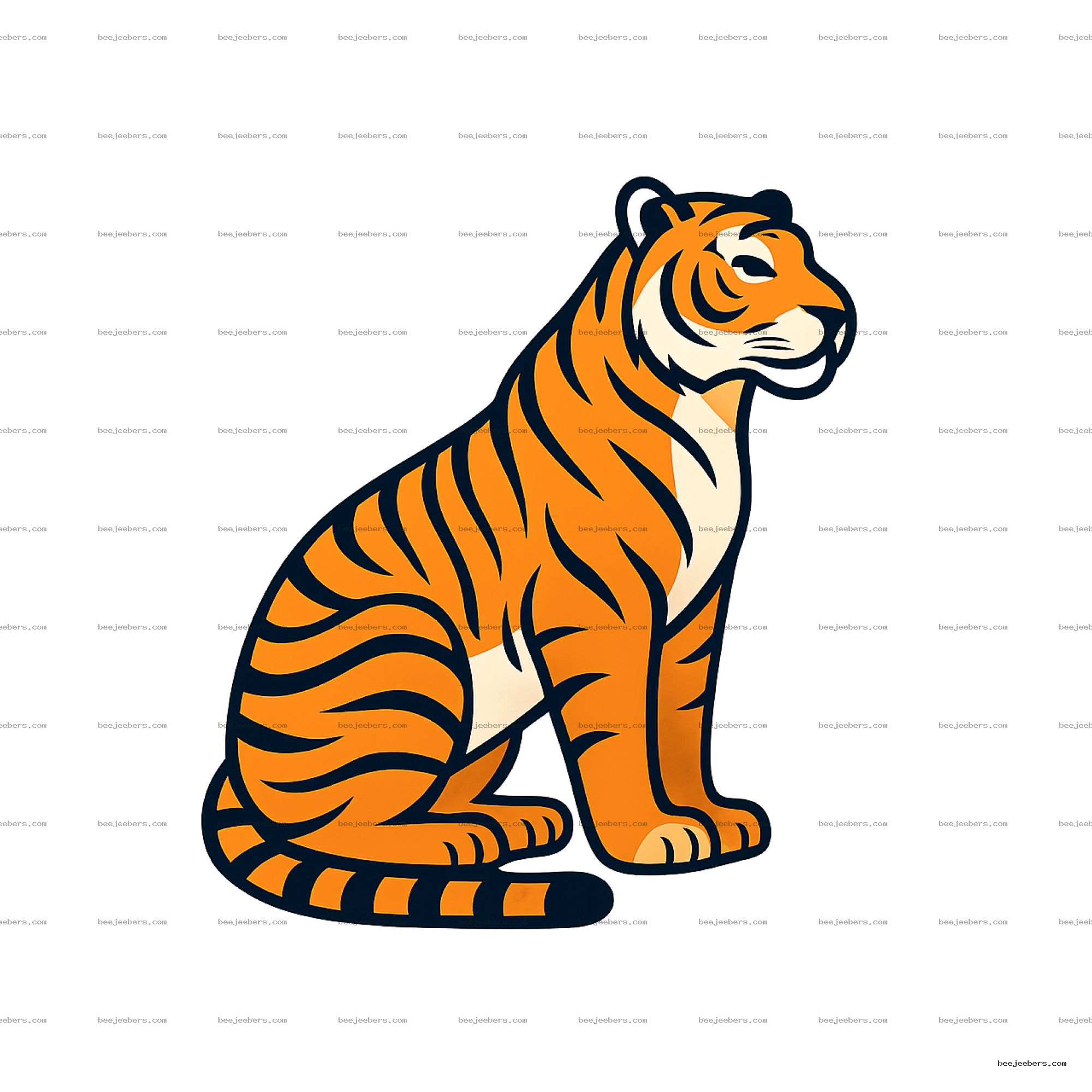 Clean vector PNG of a sitting tiger with orange and black stripes and white accents