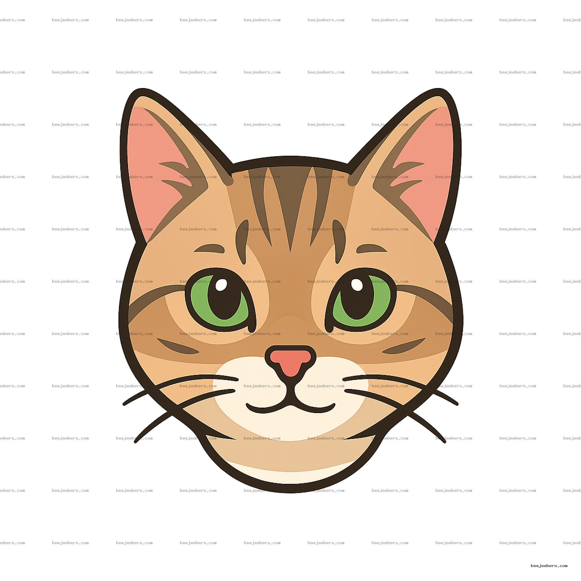 Vector illustration of a cat head with green eyes and pink nose on transparent background