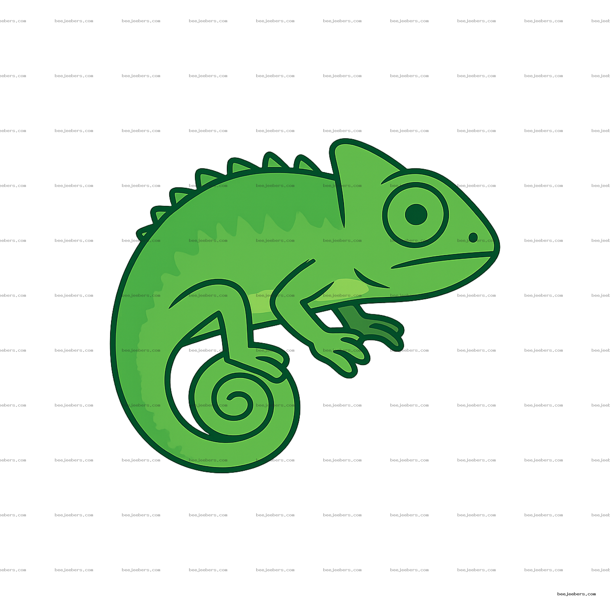 Clean vector illustration of a green chameleon with curled tail on transparent background