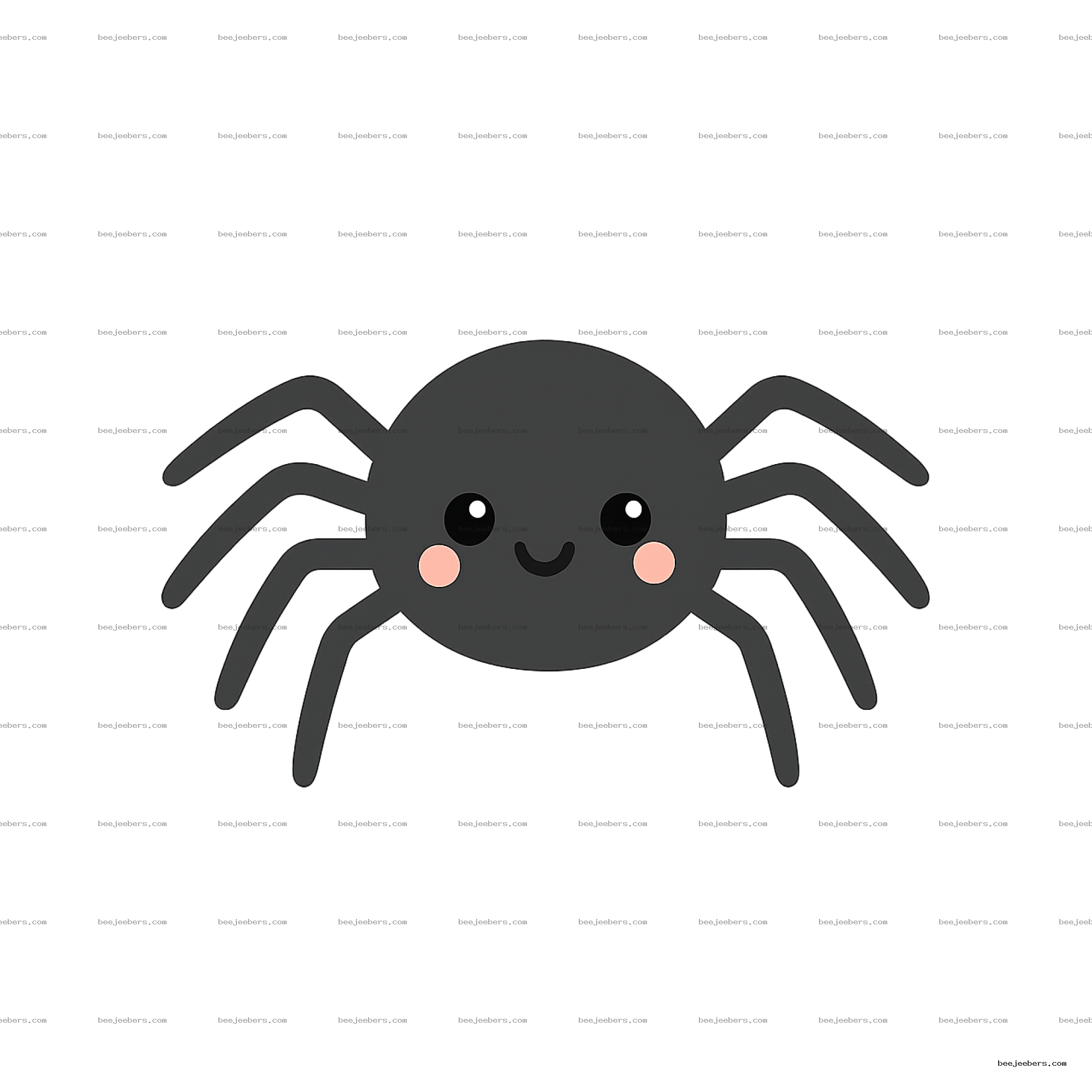Cute black spider clipart with smiling face and pink cheeks on transparent background