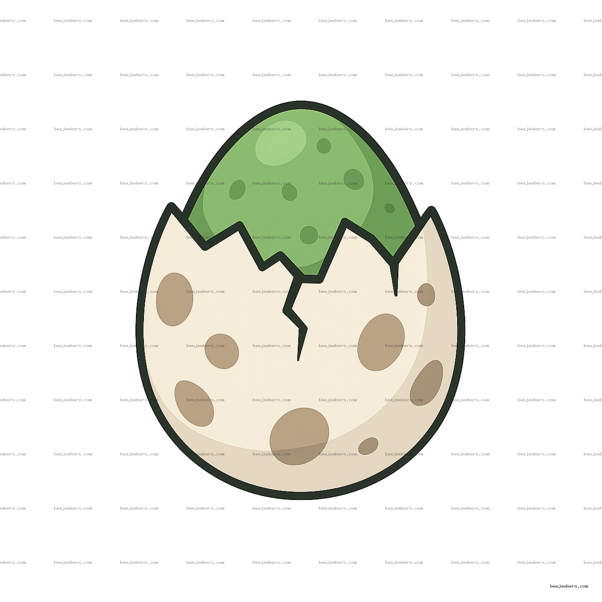 Clean vector clipart of a green dinosaur egg hatching from a cracked spotted shell in PNG format