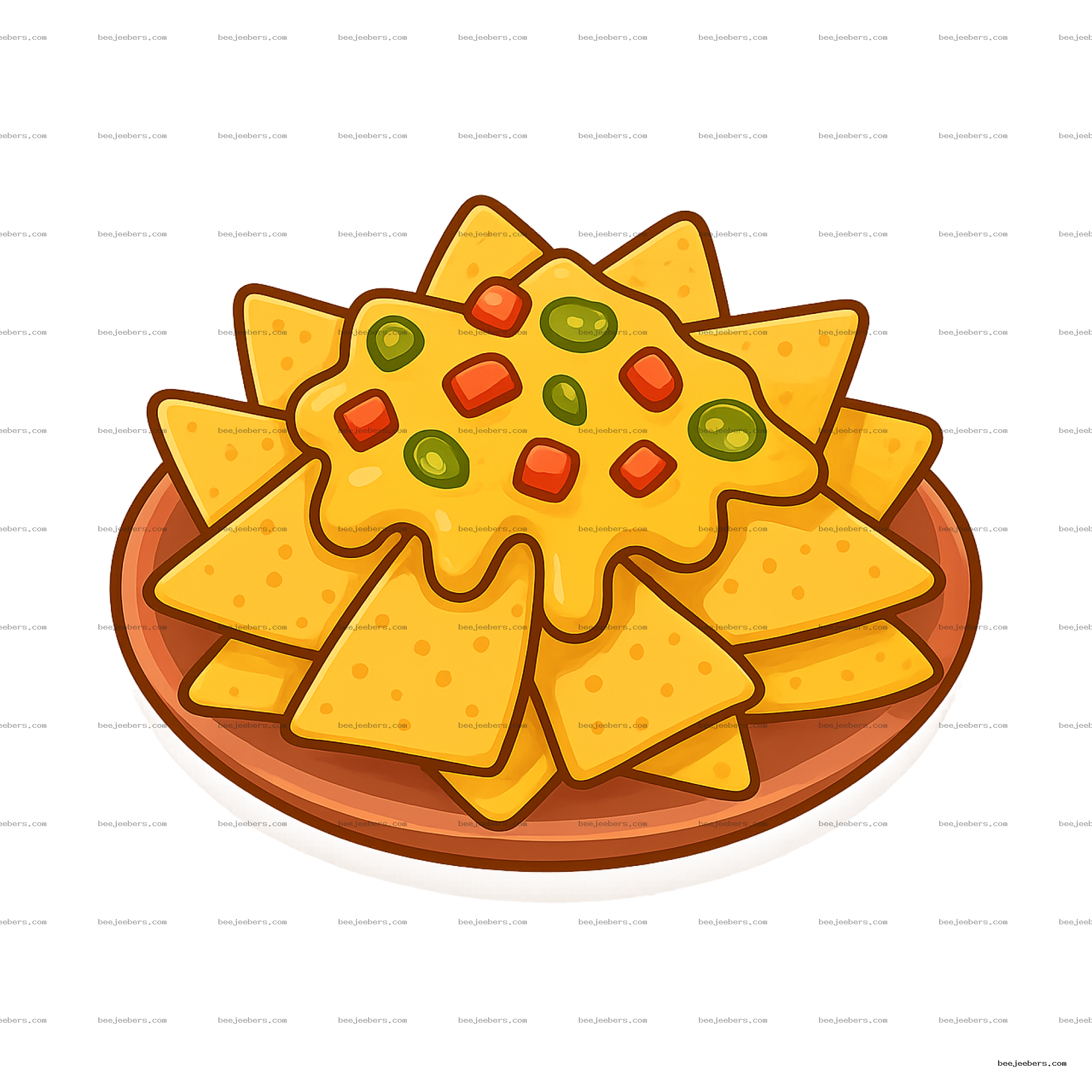 Vector clipart of nacho chips with melted cheese, jalapeños, and tomatoes on wooden plate