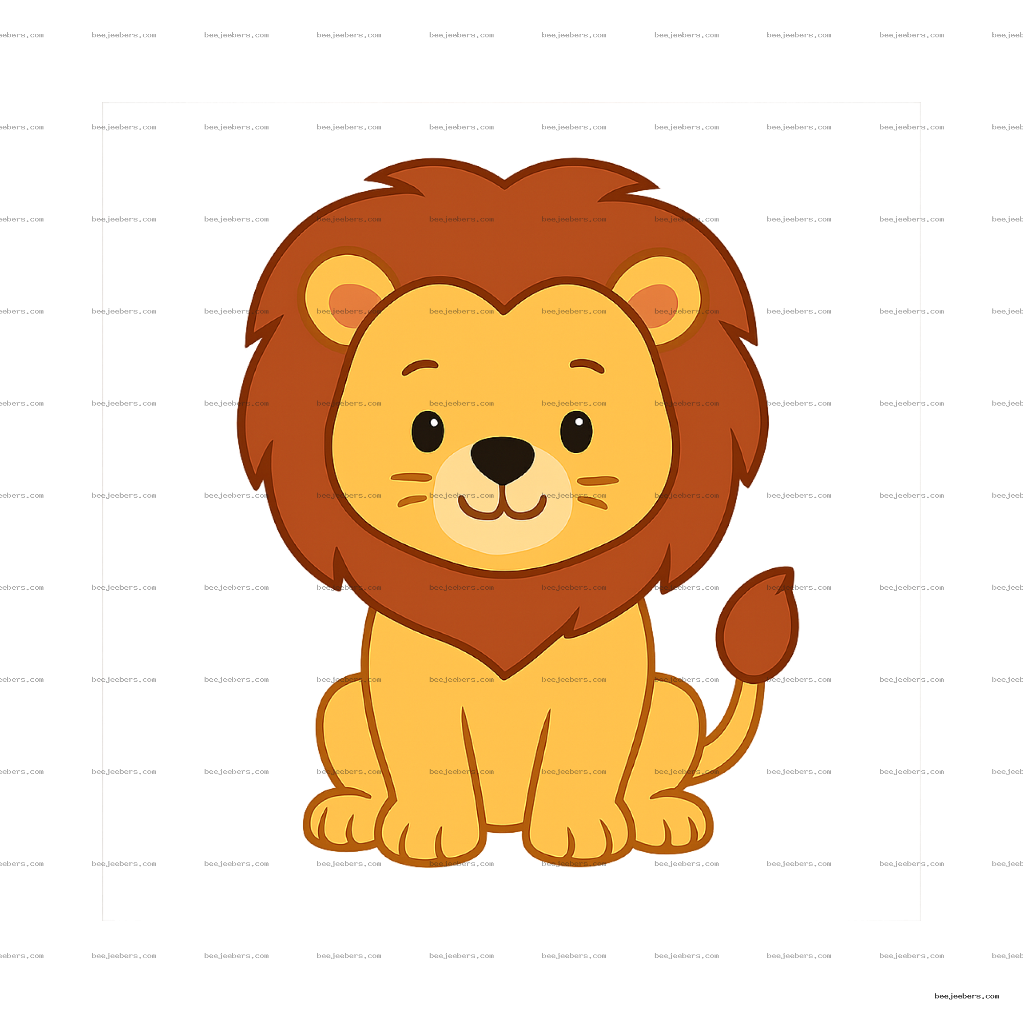 Cute cartoon lion with large brown mane sitting, smiling vector clipart with transparent background