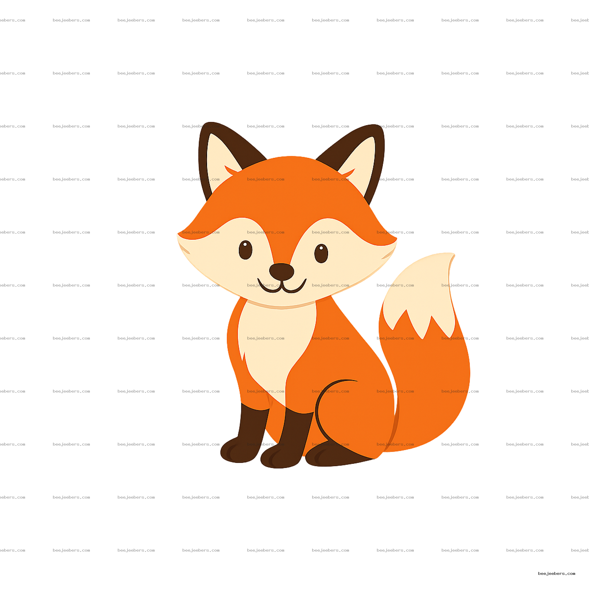 Cute cartoon fox sitting and smiling in bright orange and cream colors on transparent background