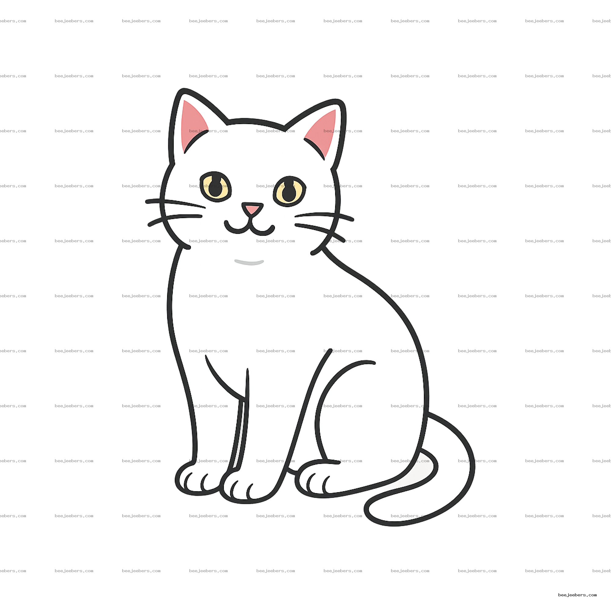 Clean vector illustration of a white cat with pink ears sitting on a transparent background