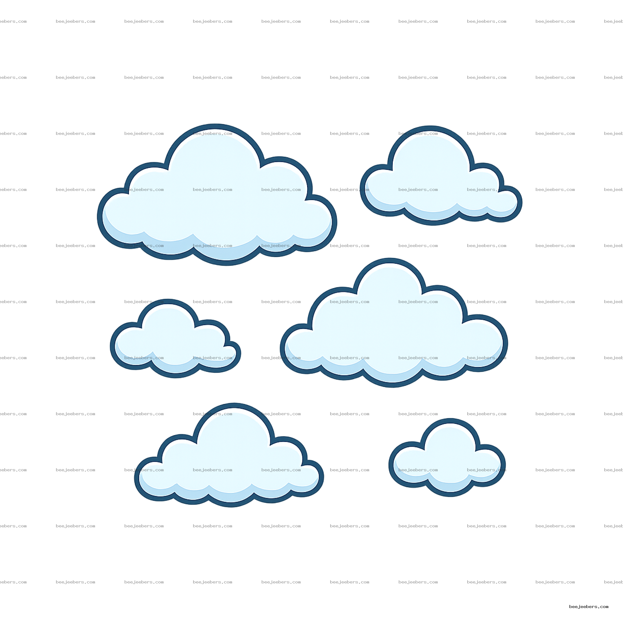 Light blue cartoon clouds with dark outlines in various sizes on transparent background