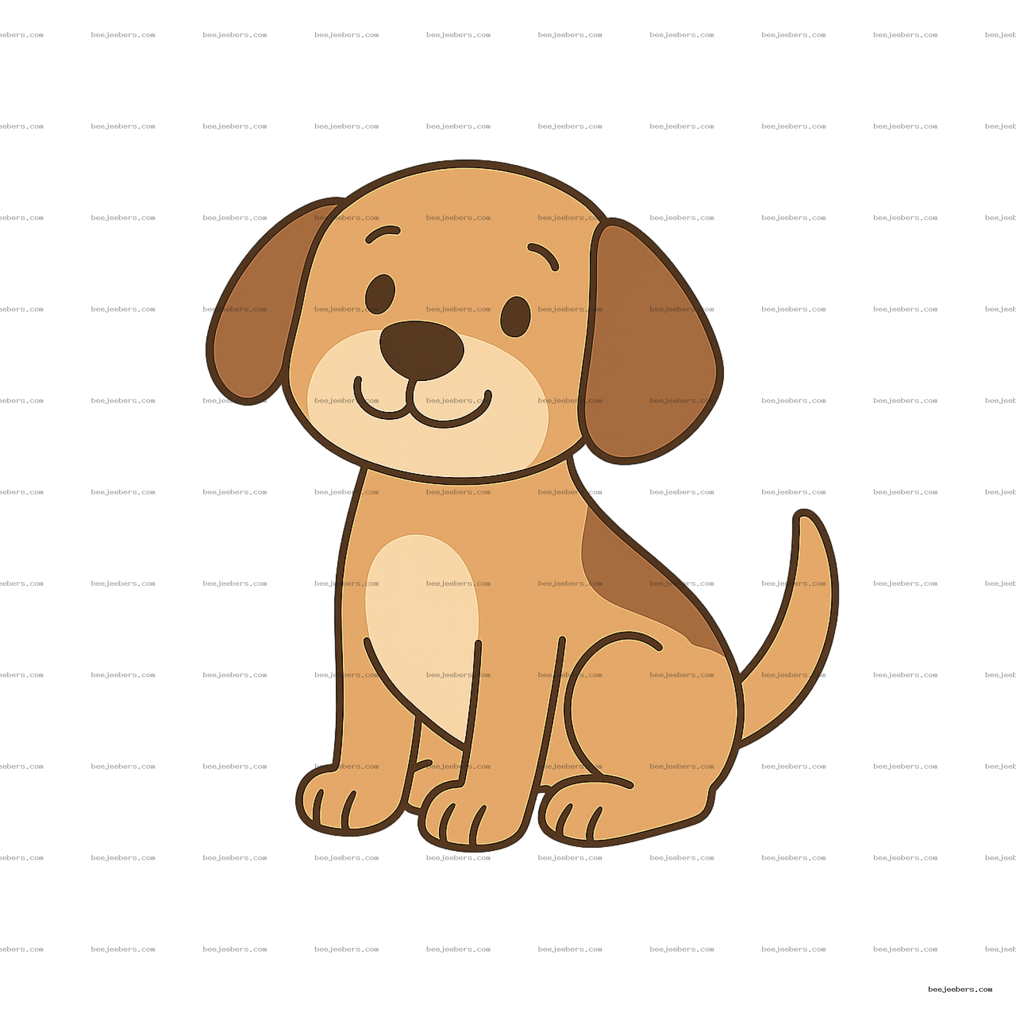 Cute cartoon dog with floppy ears sitting and smiling in clean vector style, transparent background