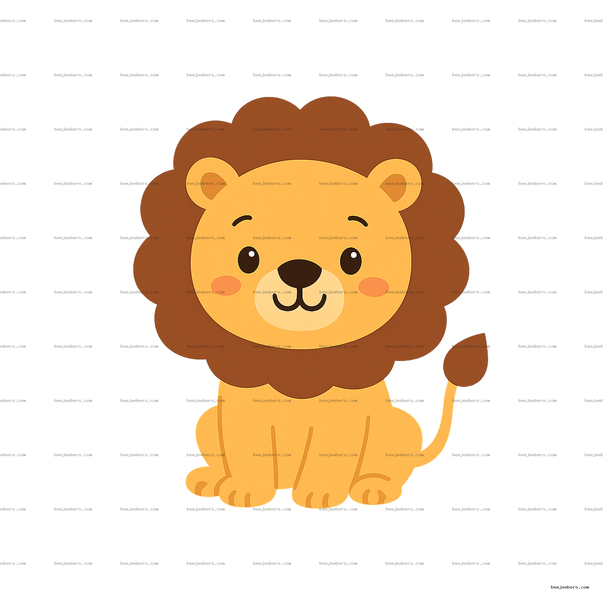 Cute cartoon lion with brown mane and smiling face sitting, clipart with transparent background