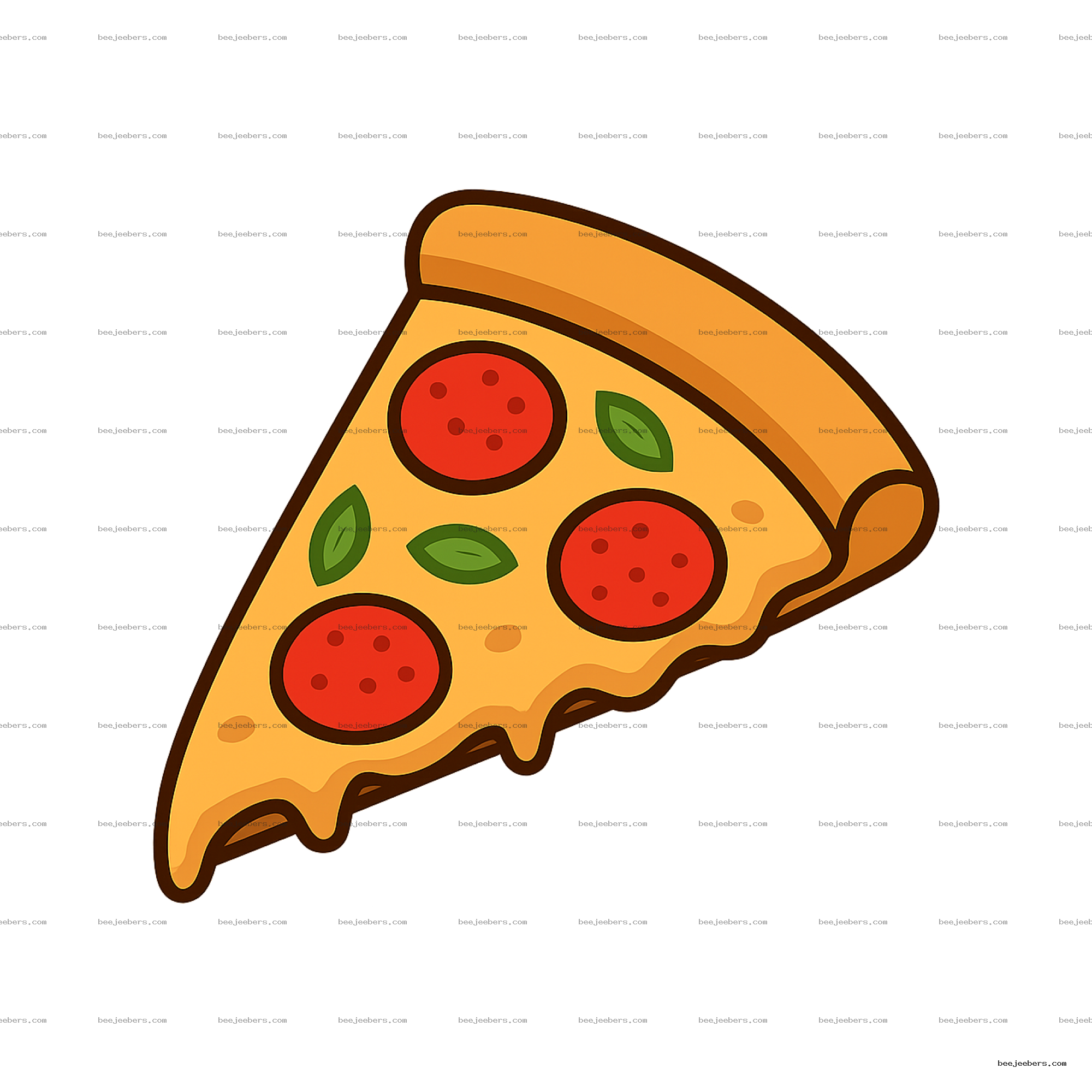 Clean vector slice of pepperoni pizza with melted cheese and basil leaves PNG