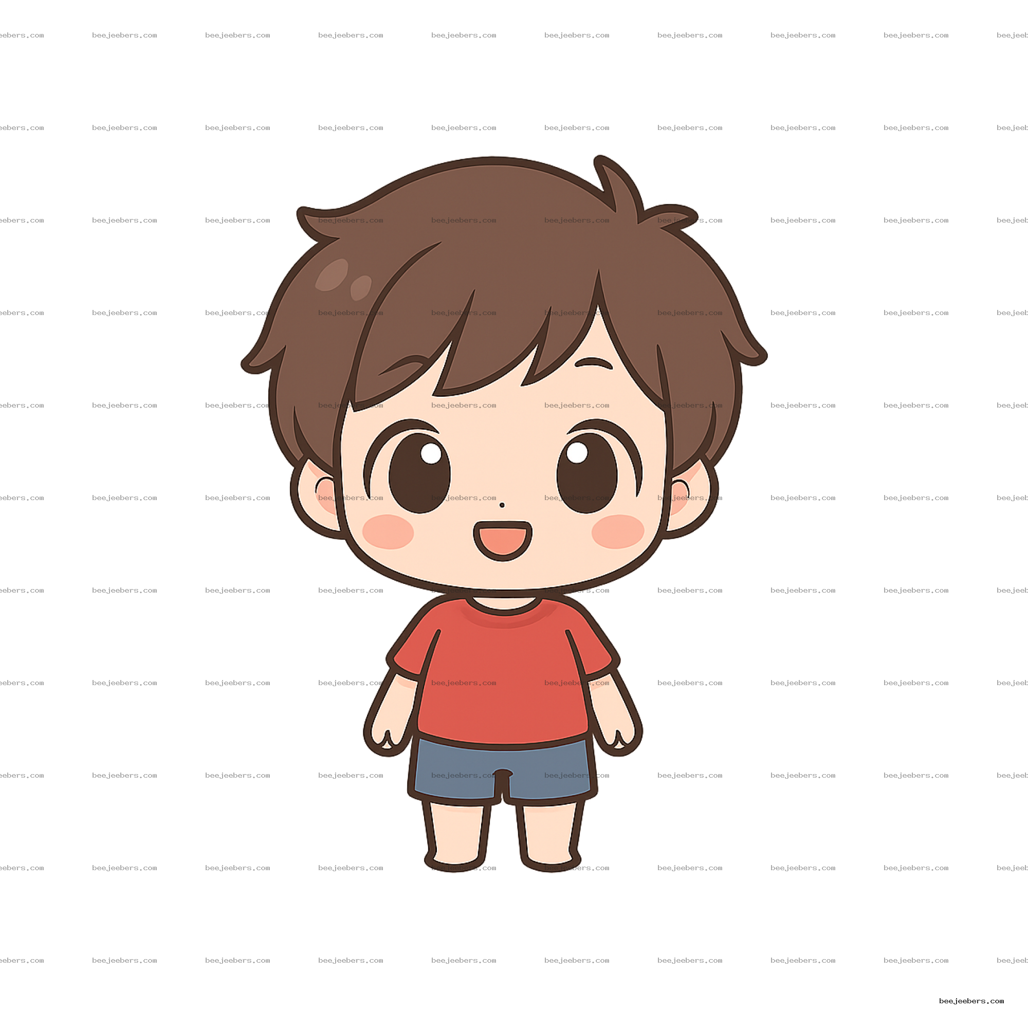 Chibi boy cartoon character with brown hair, red shirt, and blue shorts in clean vector PNG