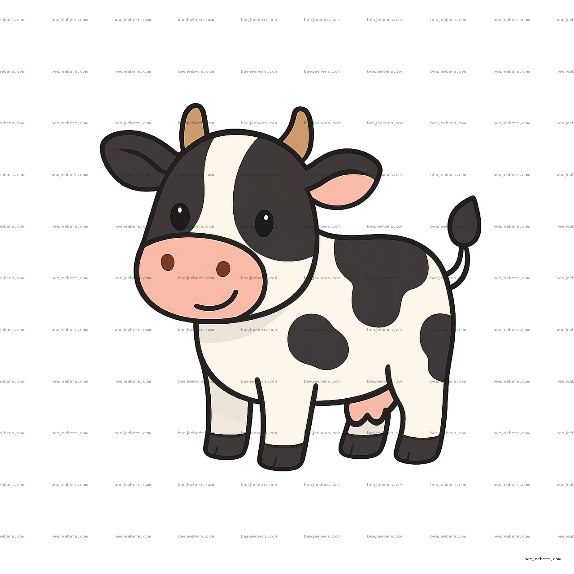 Cute cartoon cow with black and white spots smiling, transparent background PNG digital clipart