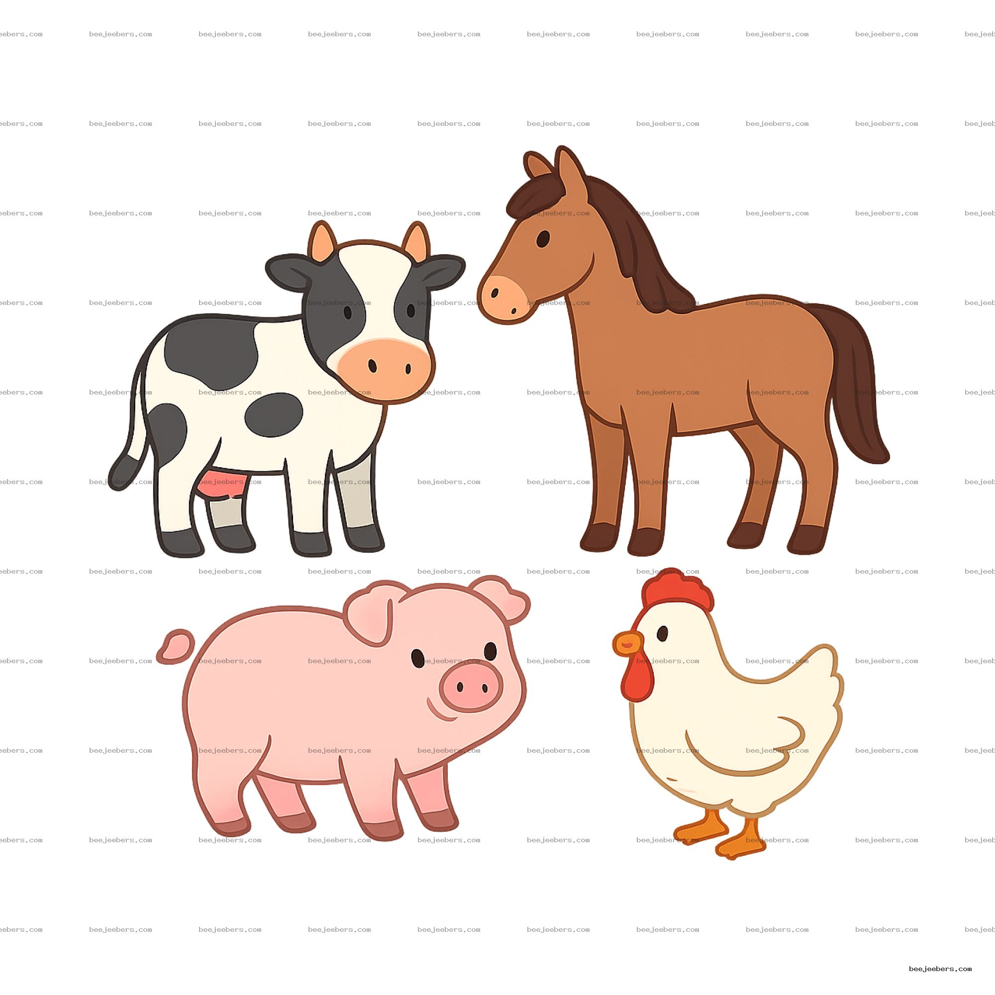 Colorful cartoon farm animals including cow, horse, pig, and chicken in clean vector style with transparent background