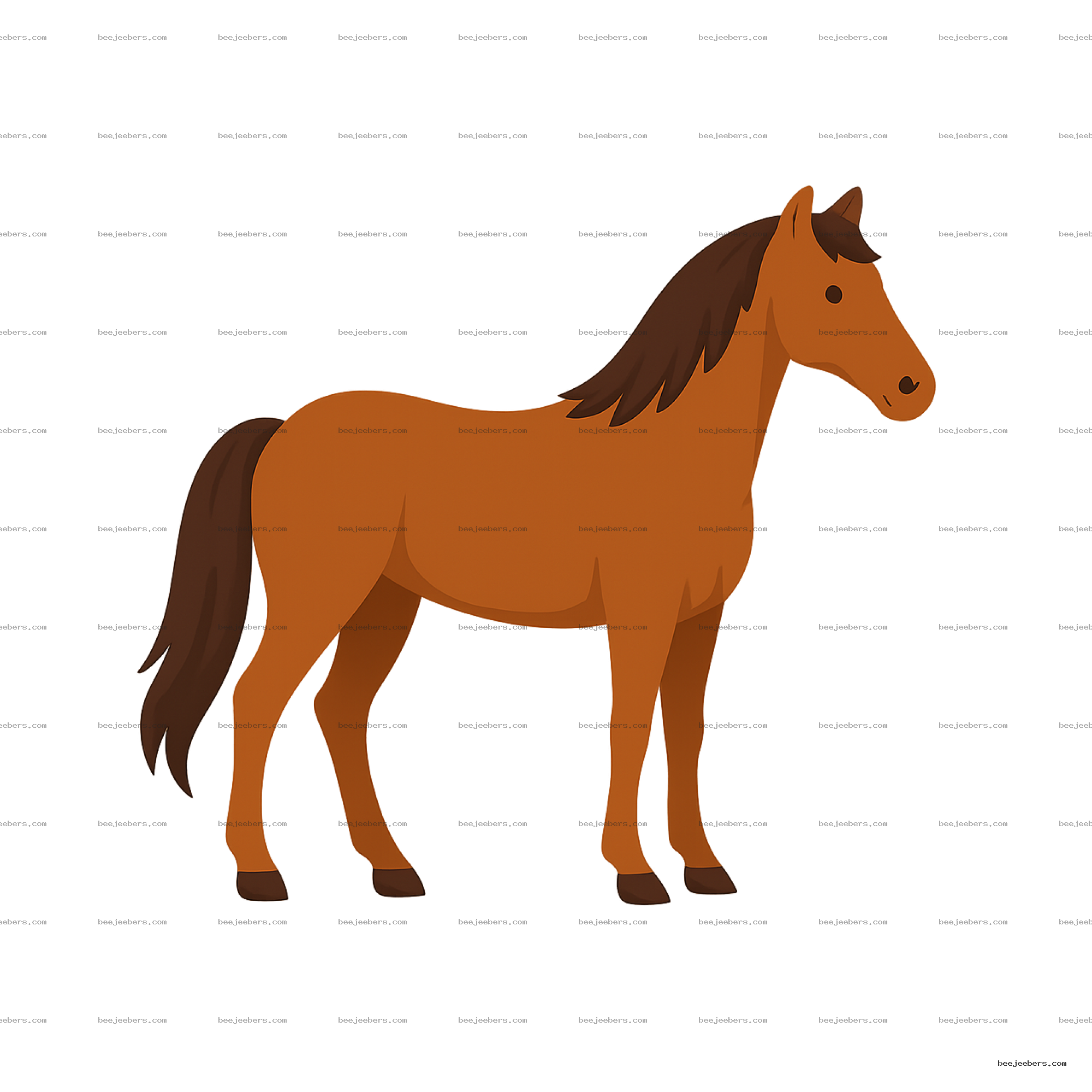 Clean vector illustration of a brown horse with dark brown mane and tail on transparent background