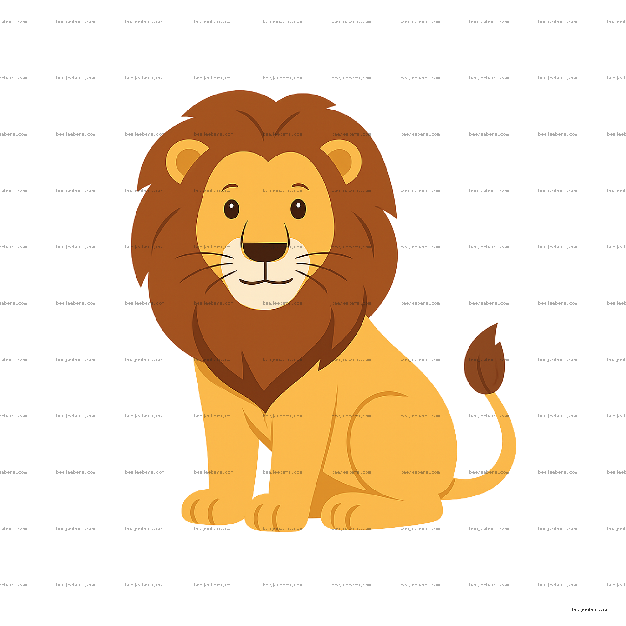 Vector clipart of a cute sitting lion with brown mane and happy face on transparent background