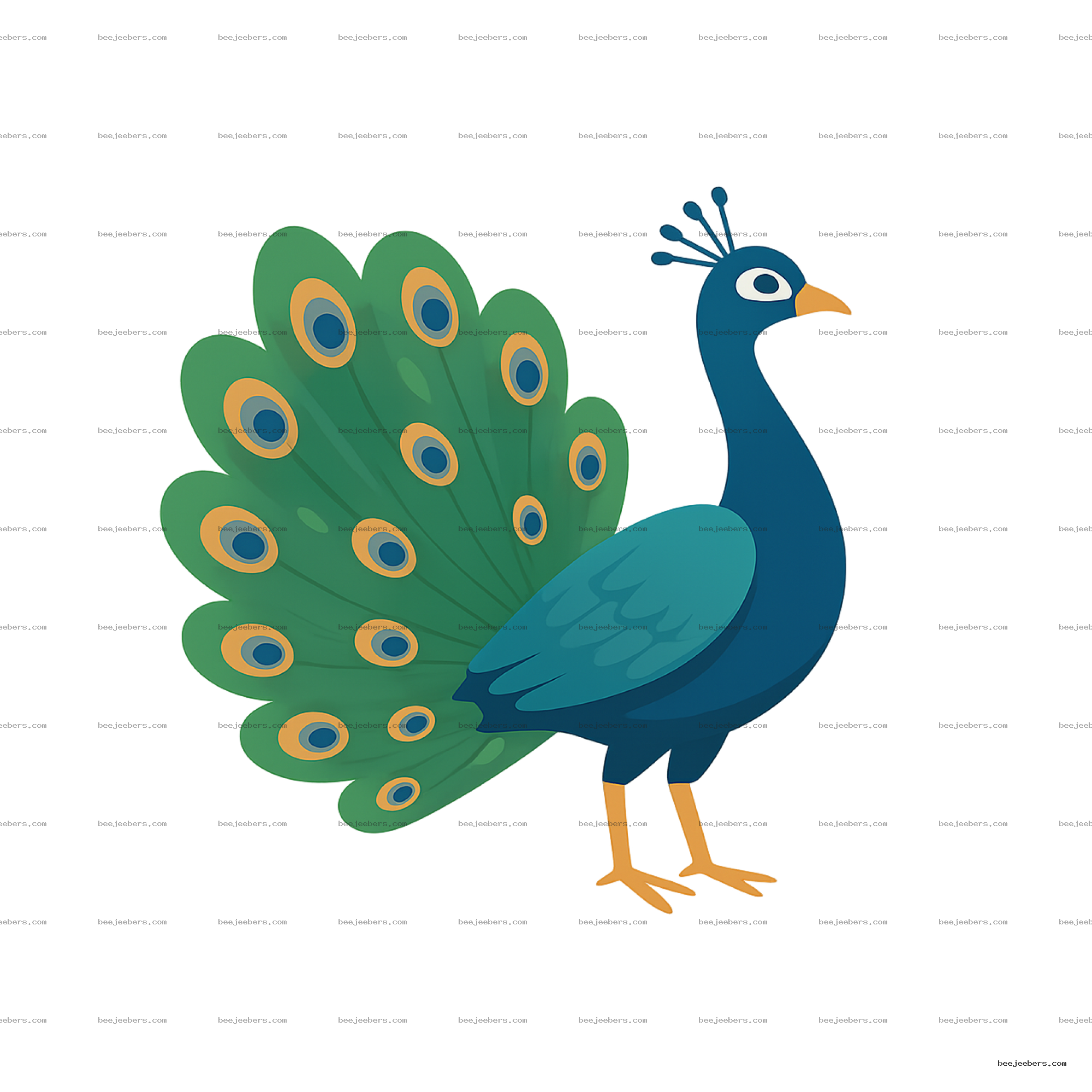 Vector peacock illustration with vibrant green and blue feathers on transparent background