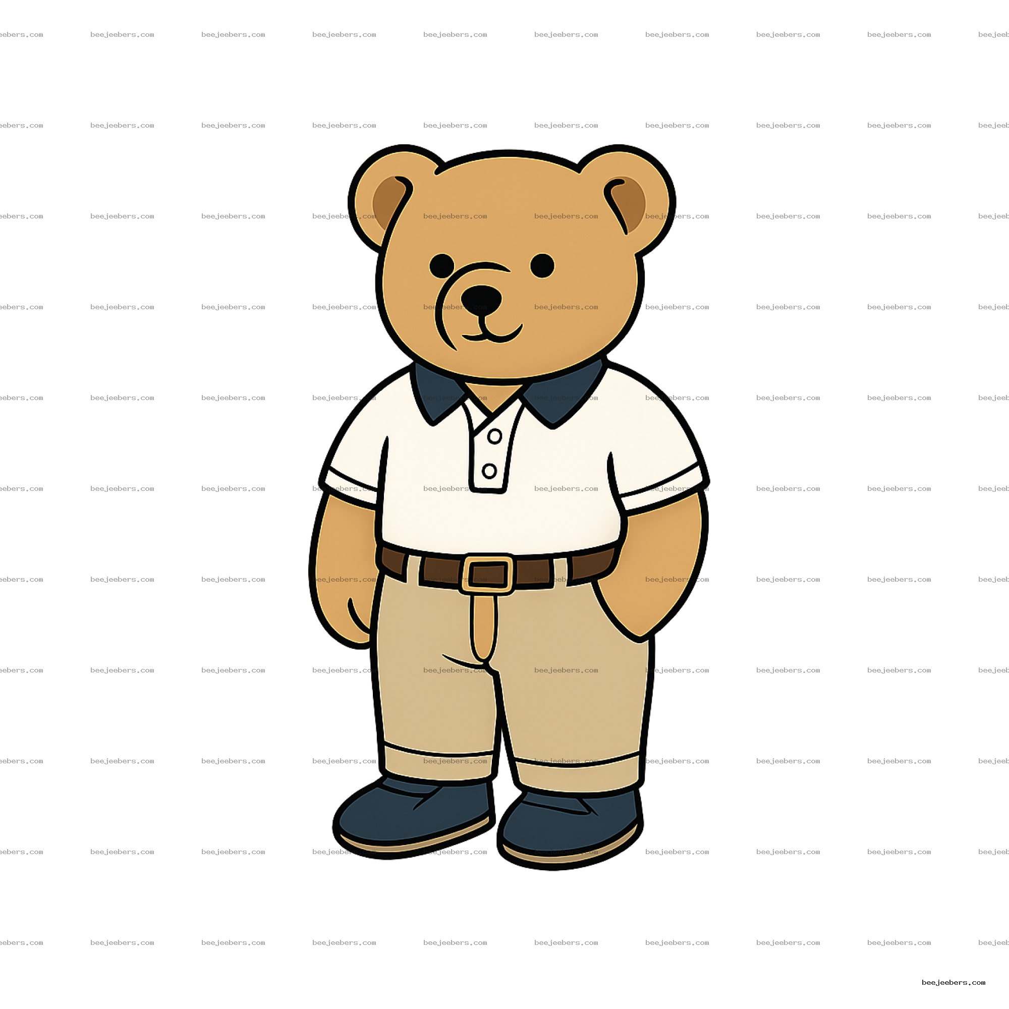 Vector illustration of a cute bear in a white polo shirt and khaki pants with transparent background